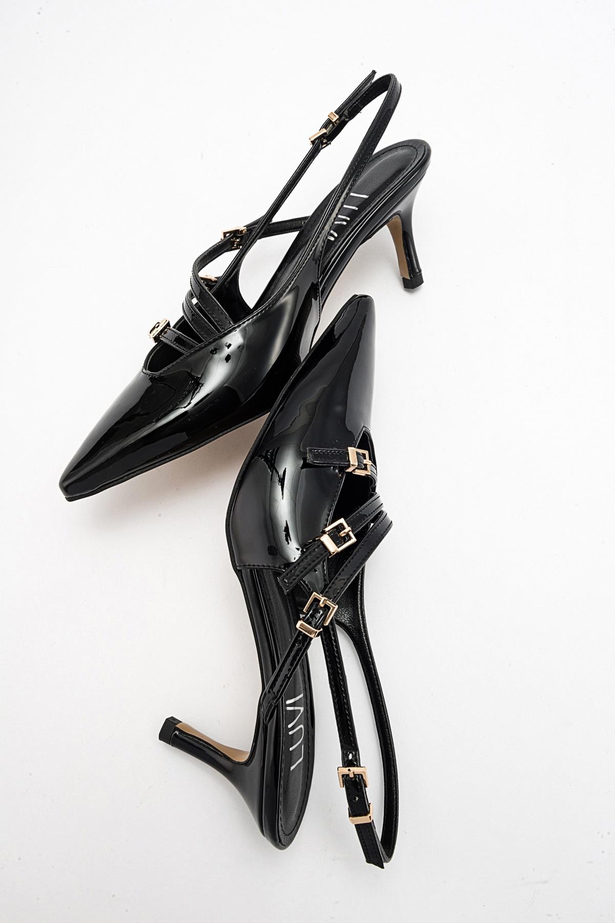 Magra Black Patent Pointed-Toe Slingback Stiletto – heel view showing leather, black, red, SimmiUnique