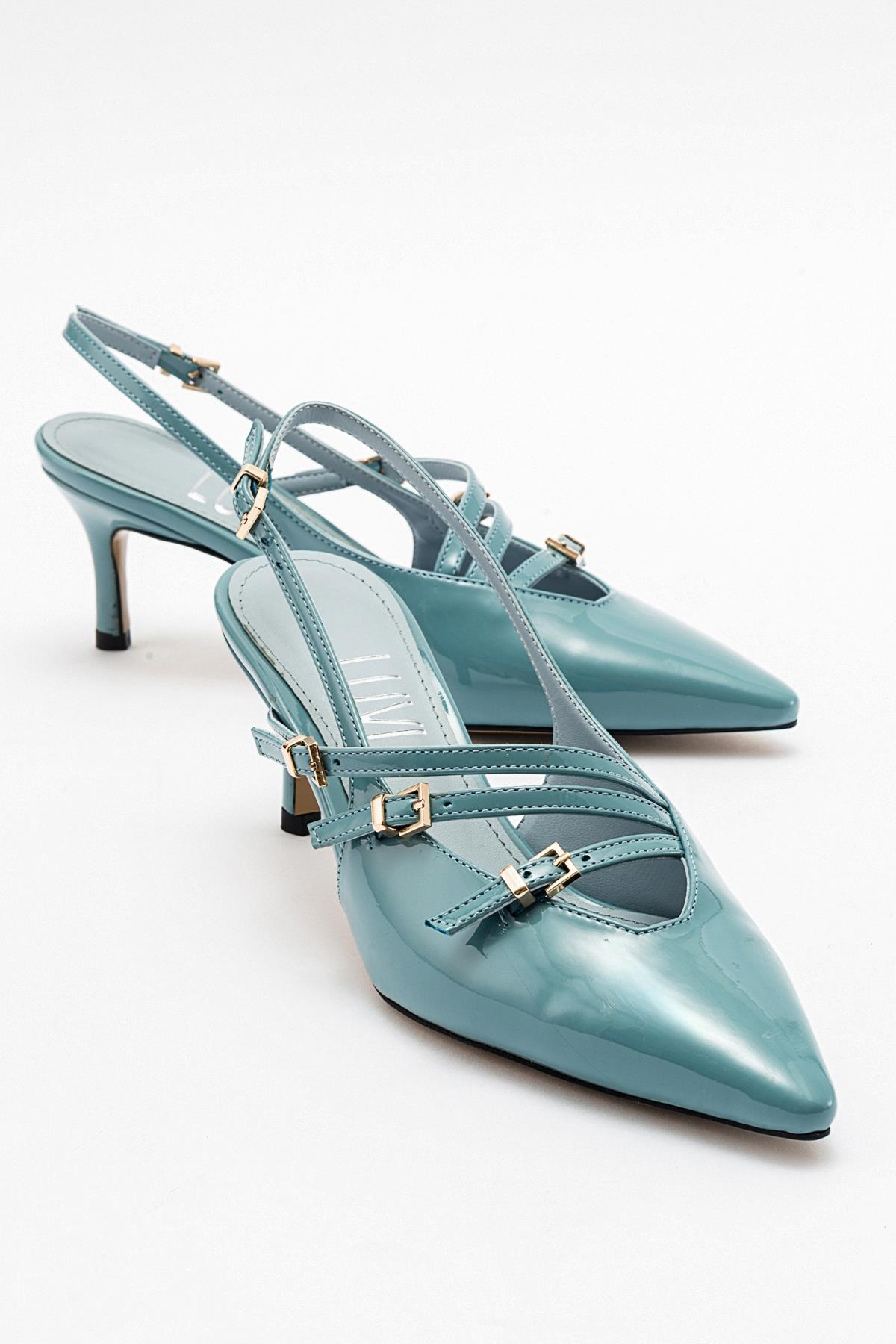 Magra Blue Patent Pointed-Toe Slingback Stiletto – front three-quarter view showing leather, blue, red, SimmiUnique