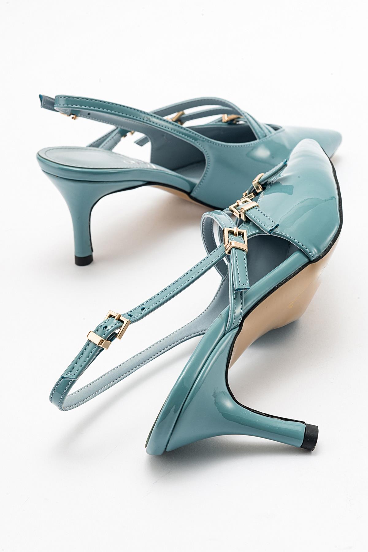Magra Blue Patent Pointed-Toe Slingback Stiletto – side view showing leather, blue, red, SimmiUnique