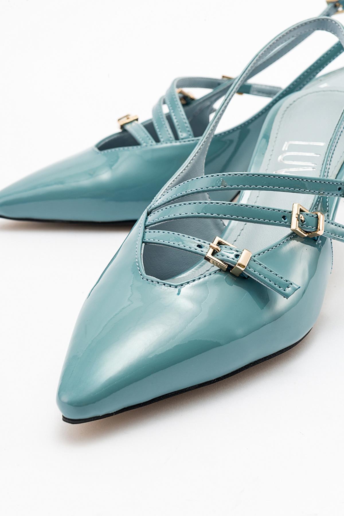 Magra Blue Patent Pointed-Toe Slingback Stiletto – detail view showing leather, blue, red, SimmiUnique