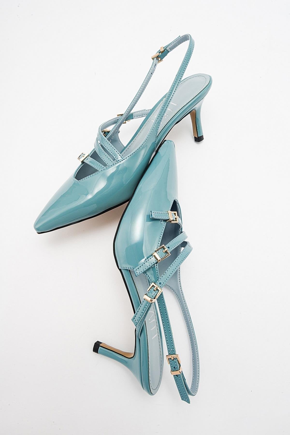 Magra Blue Patent Pointed-Toe Slingback Stiletto – back view showing leather, blue, red, SimmiUnique