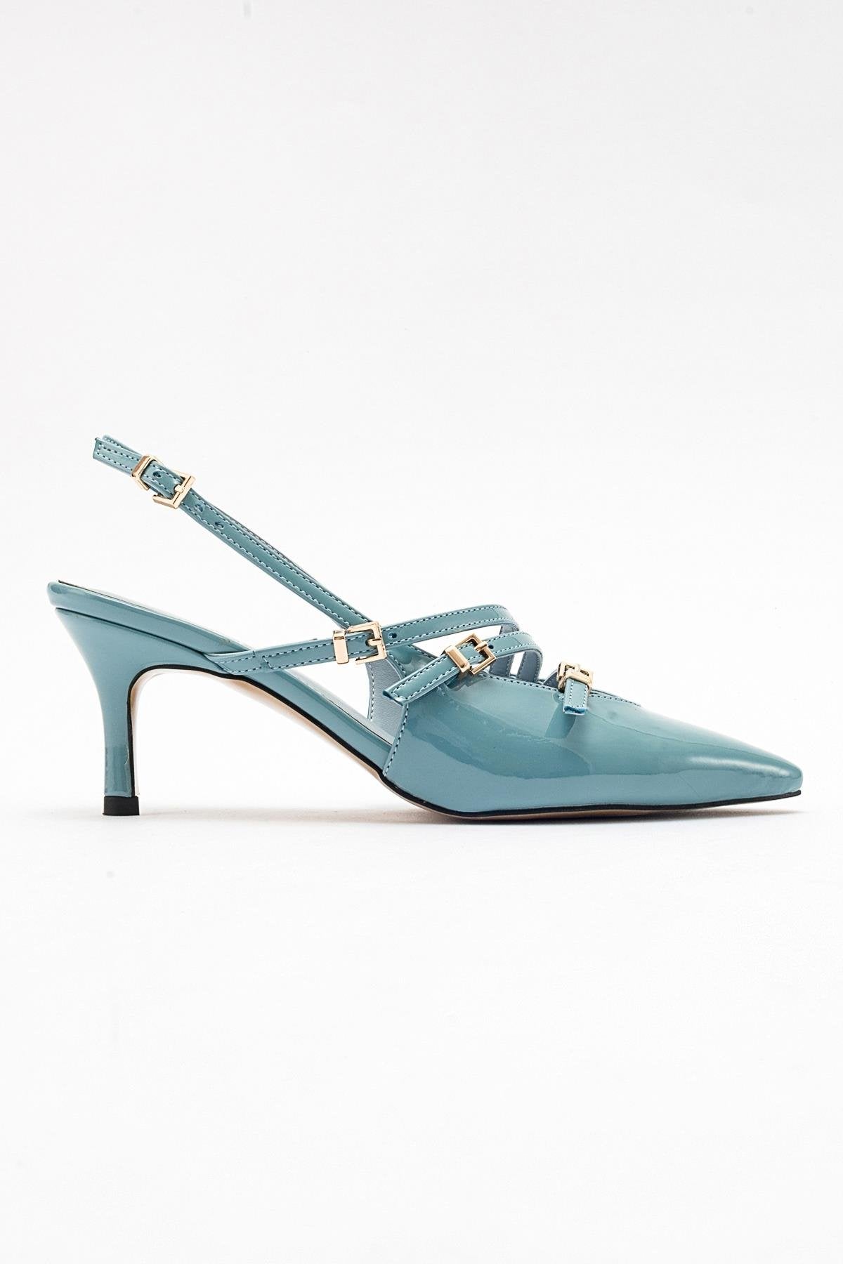 Magra Blue Patent Pointed-Toe Slingback Stiletto – top view showing leather, blue, red, SimmiUnique