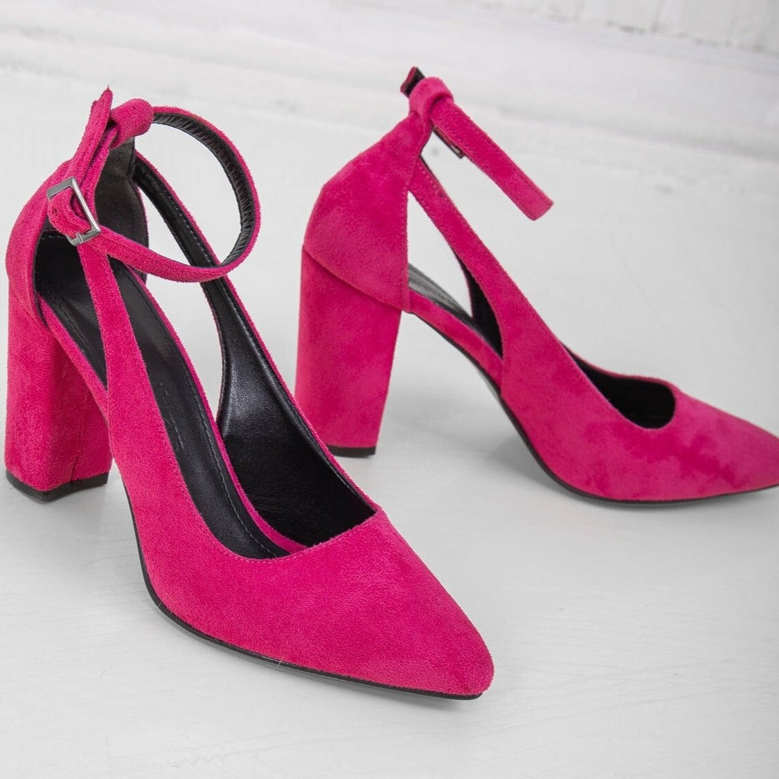 Colette - Pink Suede Block Heels – heel view showing velvet, leather, suede, SimmiUnique
