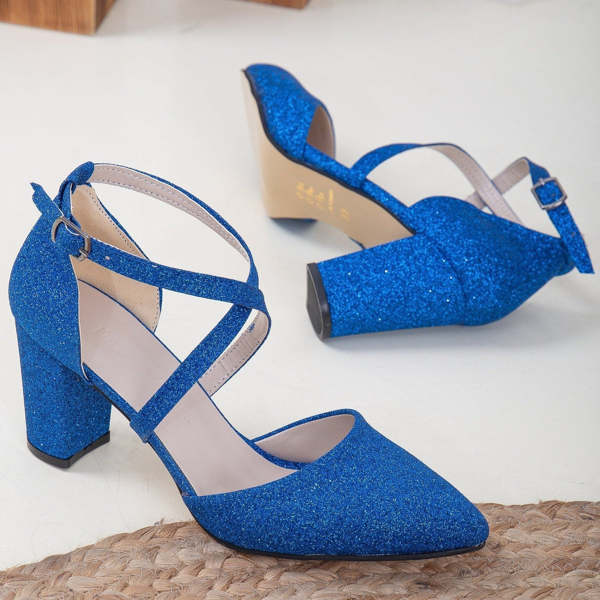 Sina - Bright Blue Glitter Heels – back view showing glitter, blue, red, SimmiUnique