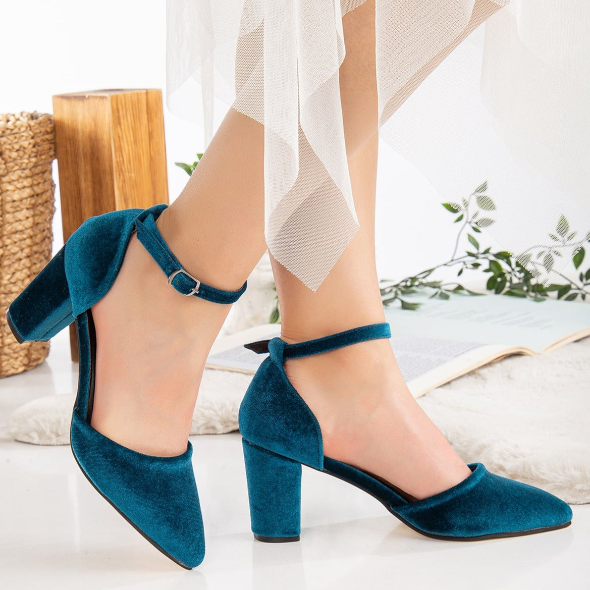 Hazel - Teal Blue Velvet Wedding Heels with Pearls – sole view showing pearl, velvet, blue, SimmiUnique