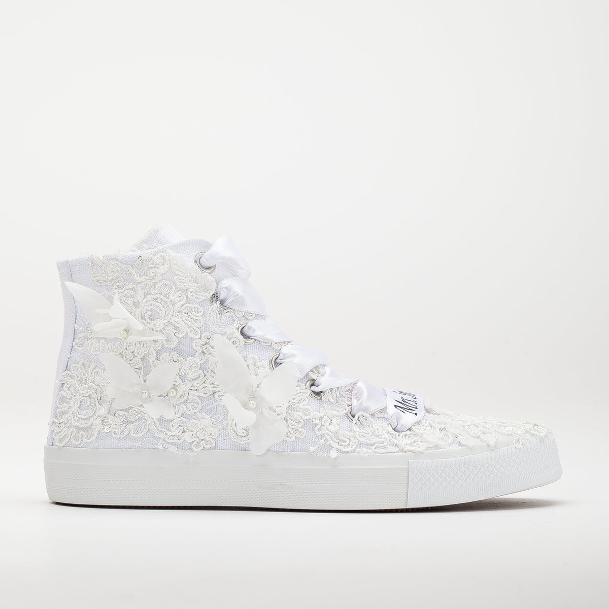 Soleil - White Lace Wedding Converse – front three-quarter view showing pearl, lace, satin, SimmiUnique