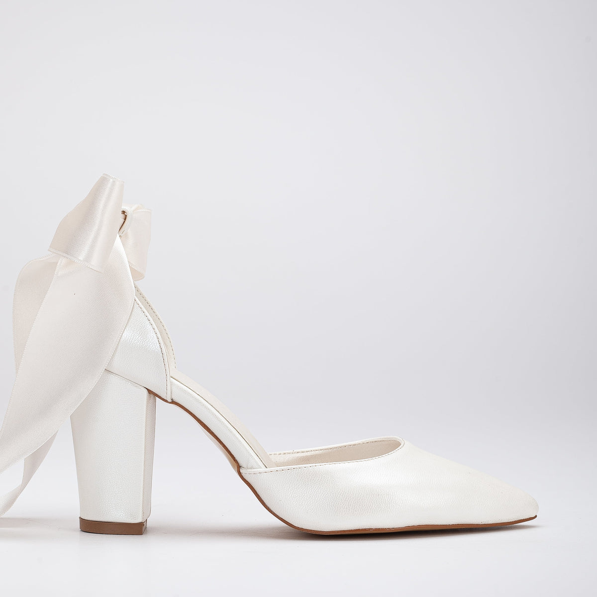 Gisele - Ivory Wedding Heels with Ribbon – front three-quarter view showing leather, ivory, SimmiUnique