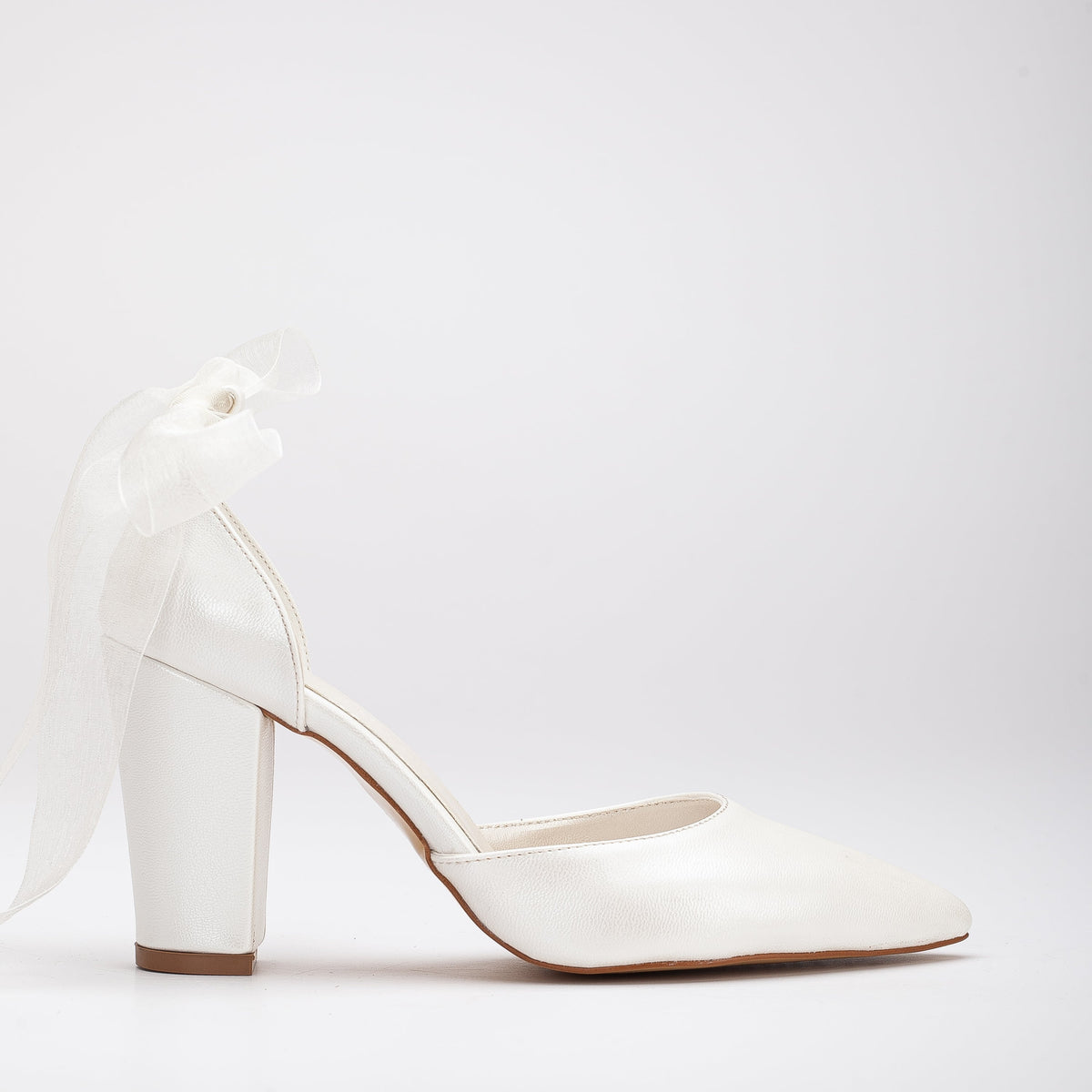 Gisele - Ivory Wedding Heels with Ribbon – side view showing leather, ivory, SimmiUnique