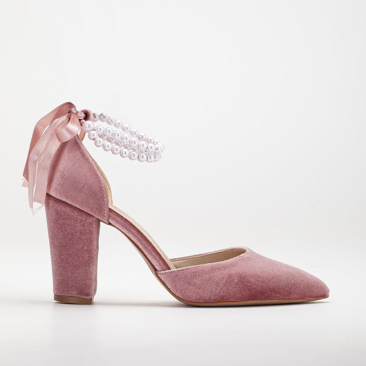 Hazel - Rose Velvet Shoes with Pearls – front three-quarter view showing pearl, satin, velvet, SimmiUnique