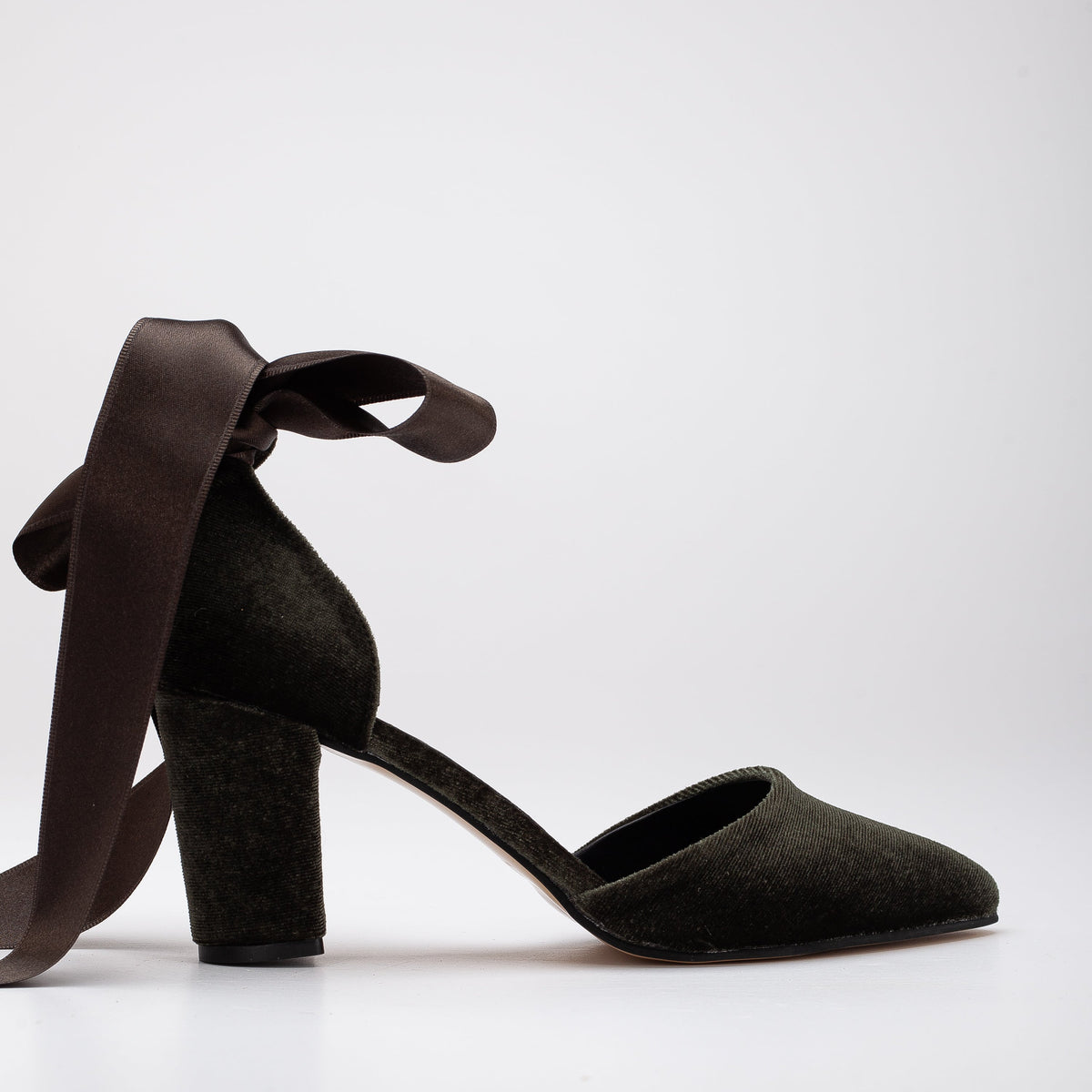 Gisele - Olive Green Velvet Heels with Ribbon – front three-quarter view showing velvet, leather, green, SimmiUnique