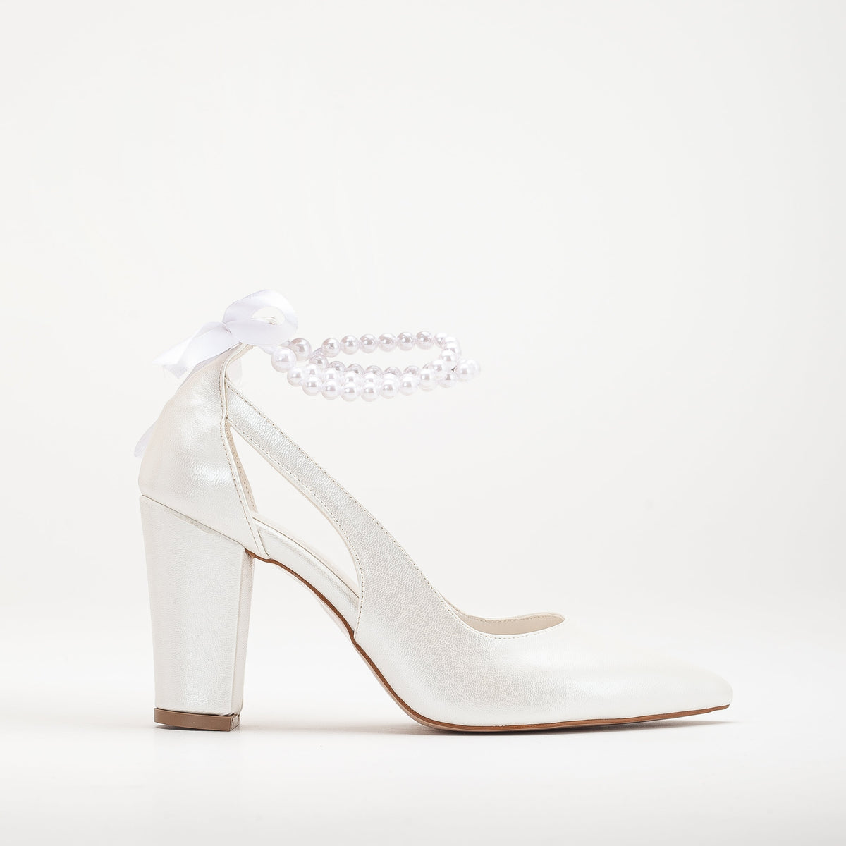 Camila - Ivory Wedding Shoes with Pearls – front three-quarter view showing pearl, satin, leather, SimmiUnique