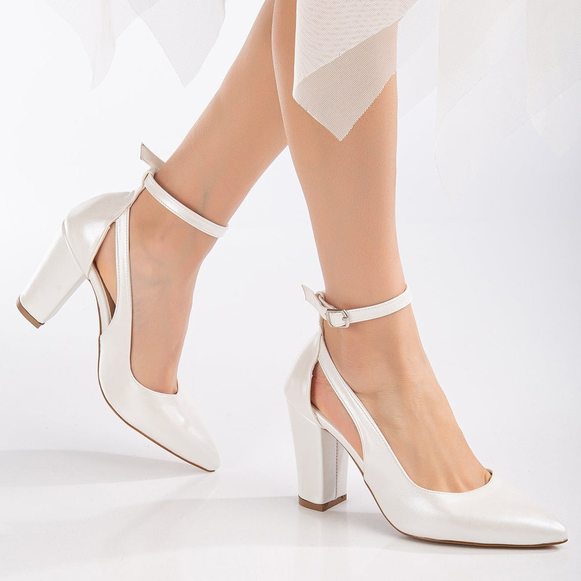 Camila - Ivory Wedding Shoes with Pearls – pair view showing pearl, satin, leather, SimmiUnique