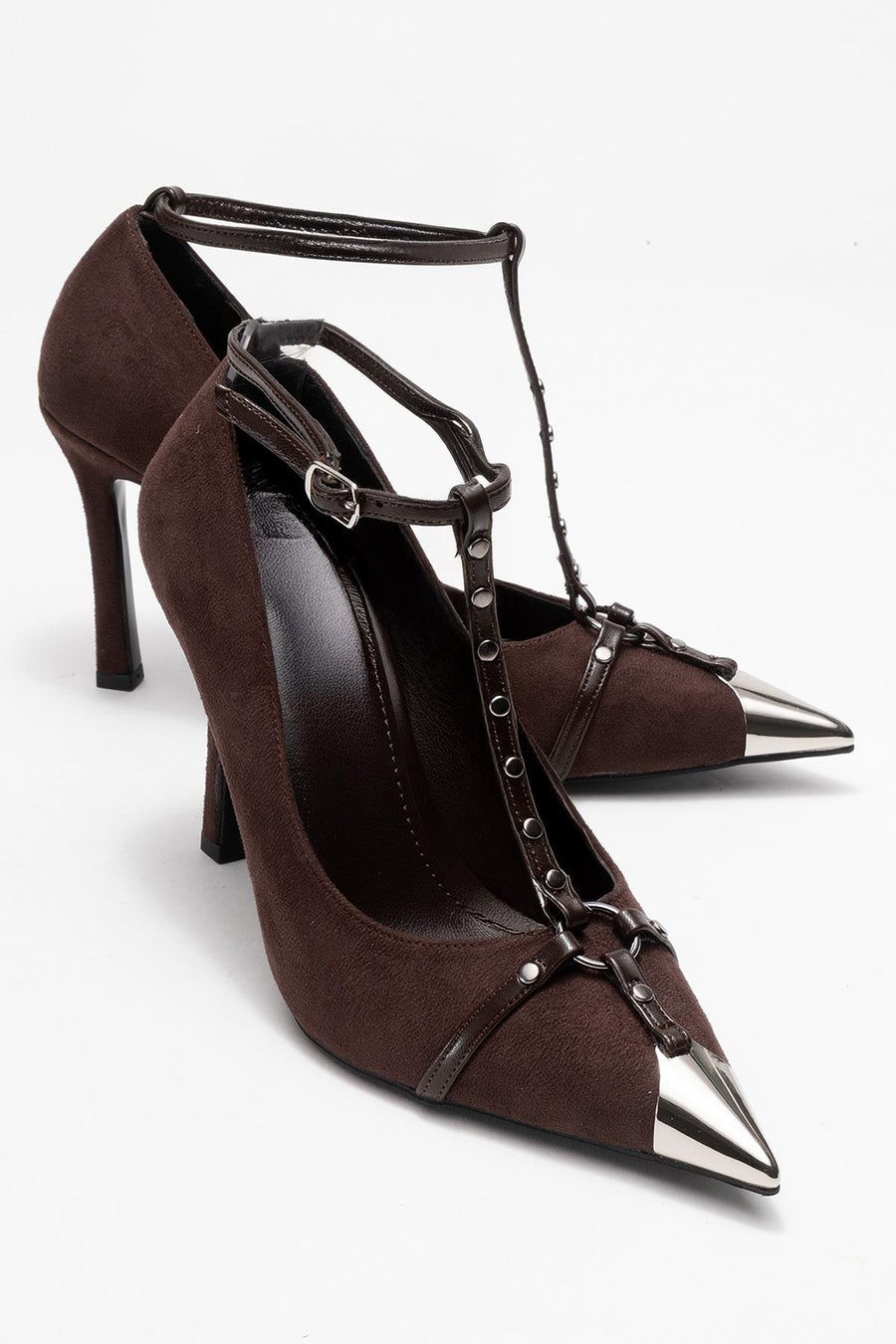 Juliana - Brown Strapped Metallic Toe Heeled Shoe