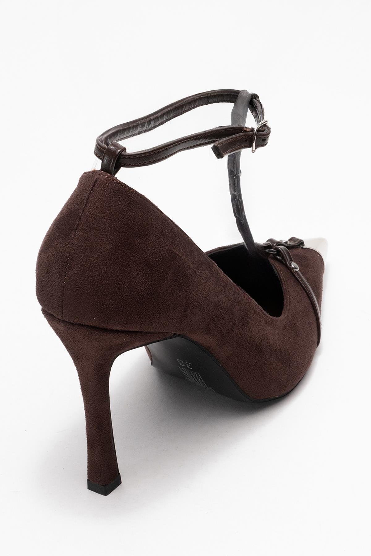 Juliana - Brown Strapped Metallic Toe Heeled Shoe – back view showing leather, suede, metallic, SimmiUnique