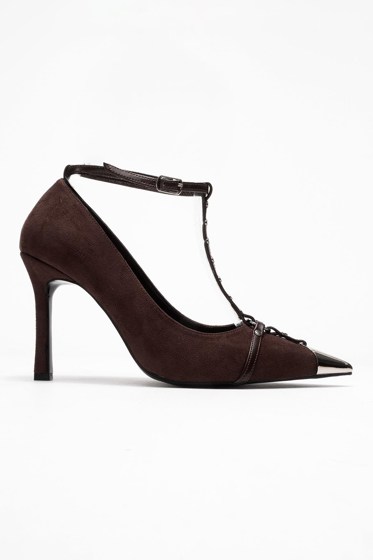 Juliana - Brown Strapped Metallic Toe Heeled Shoe – top view showing leather, suede, metallic, SimmiUnique