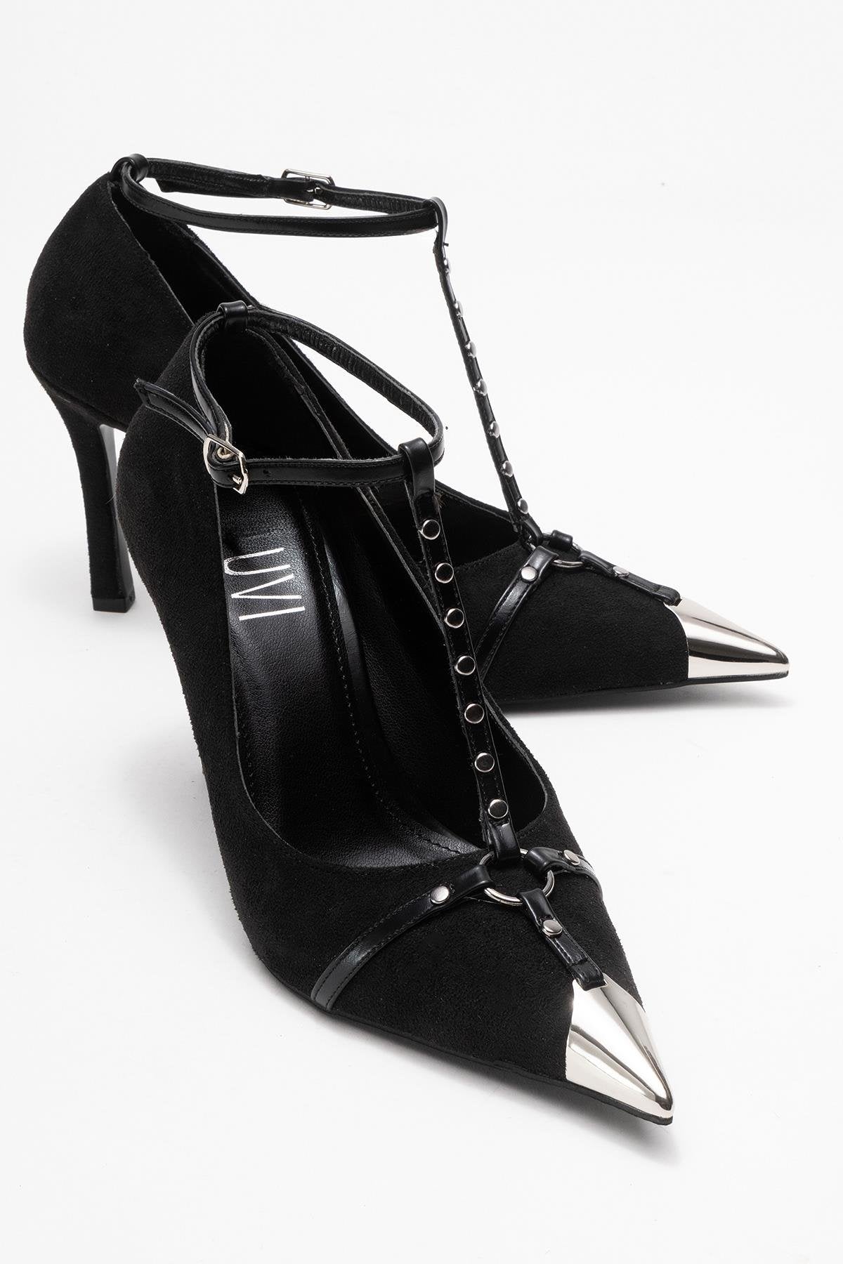 Juliana - Black Strapped Metallic Toe Heeled Shoe – front three-quarter view showing leather, suede, metallic, SimmiUnique