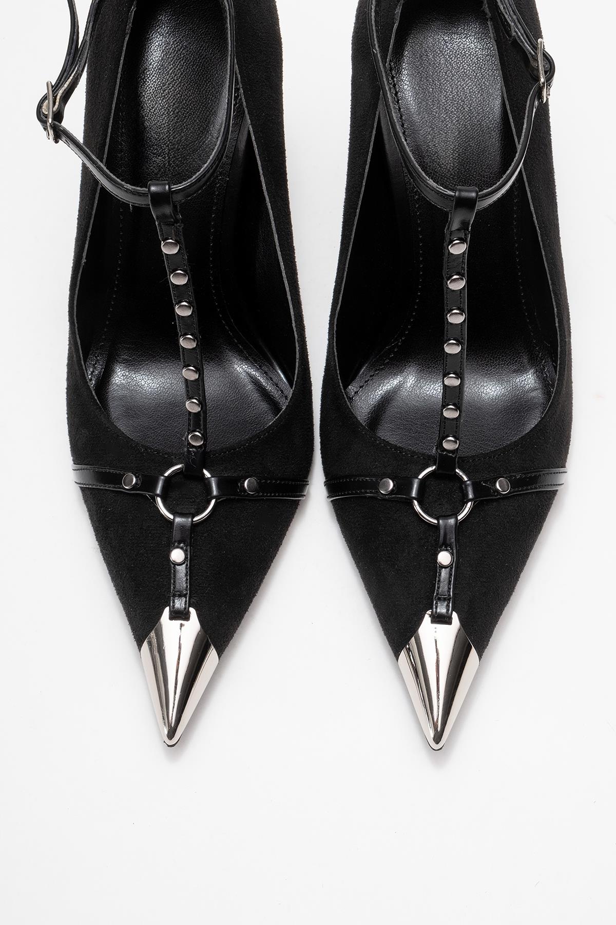 Juliana - Black Strapped Metallic Toe Heeled Shoe – side view showing leather, suede, metallic, SimmiUnique