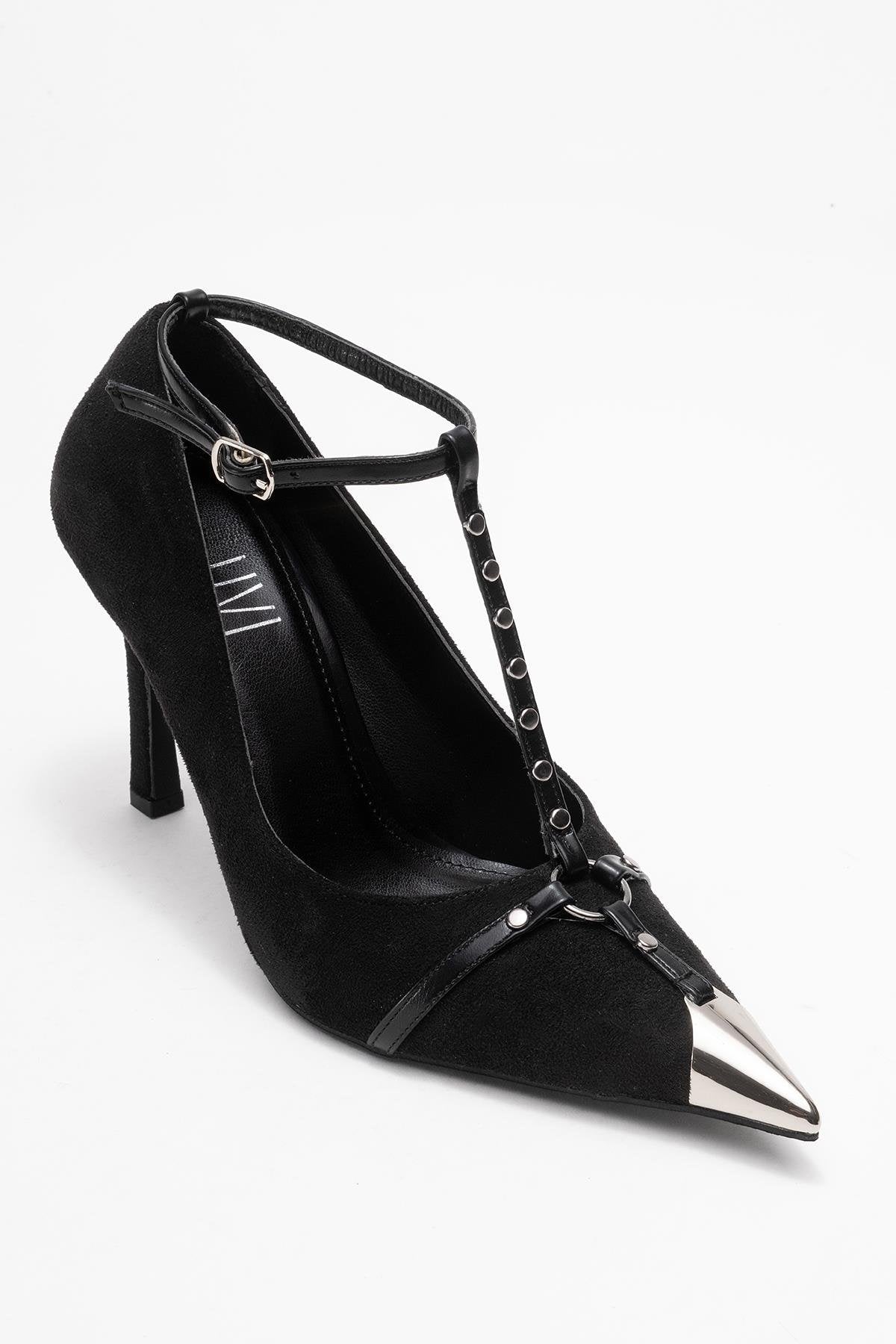 Juliana - Black Strapped Metallic Toe Heeled Shoe – detail view showing leather, suede, metallic, SimmiUnique