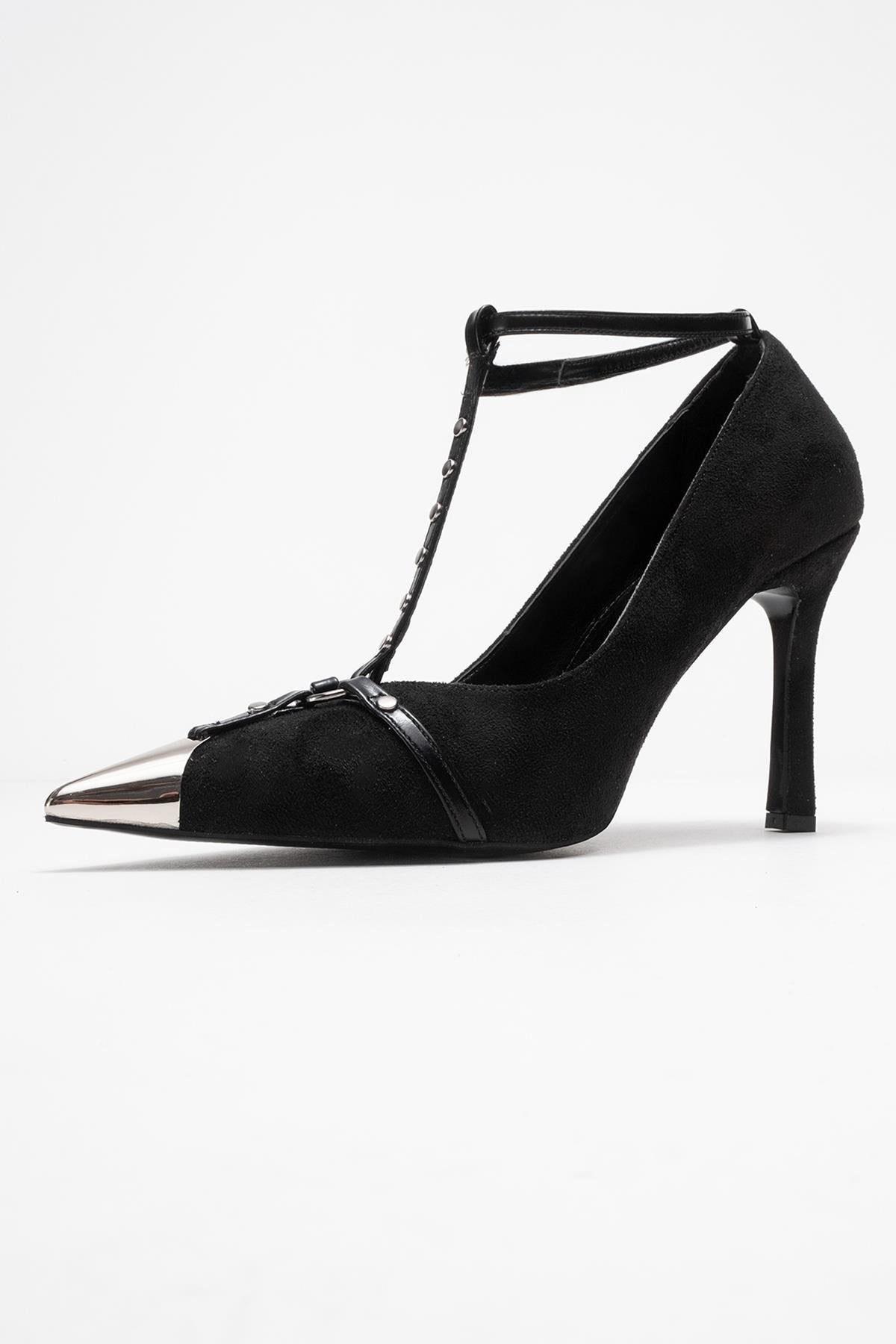 Juliana - Black Strapped Metallic Toe Heeled Shoe – heel view showing leather, suede, metallic, SimmiUnique