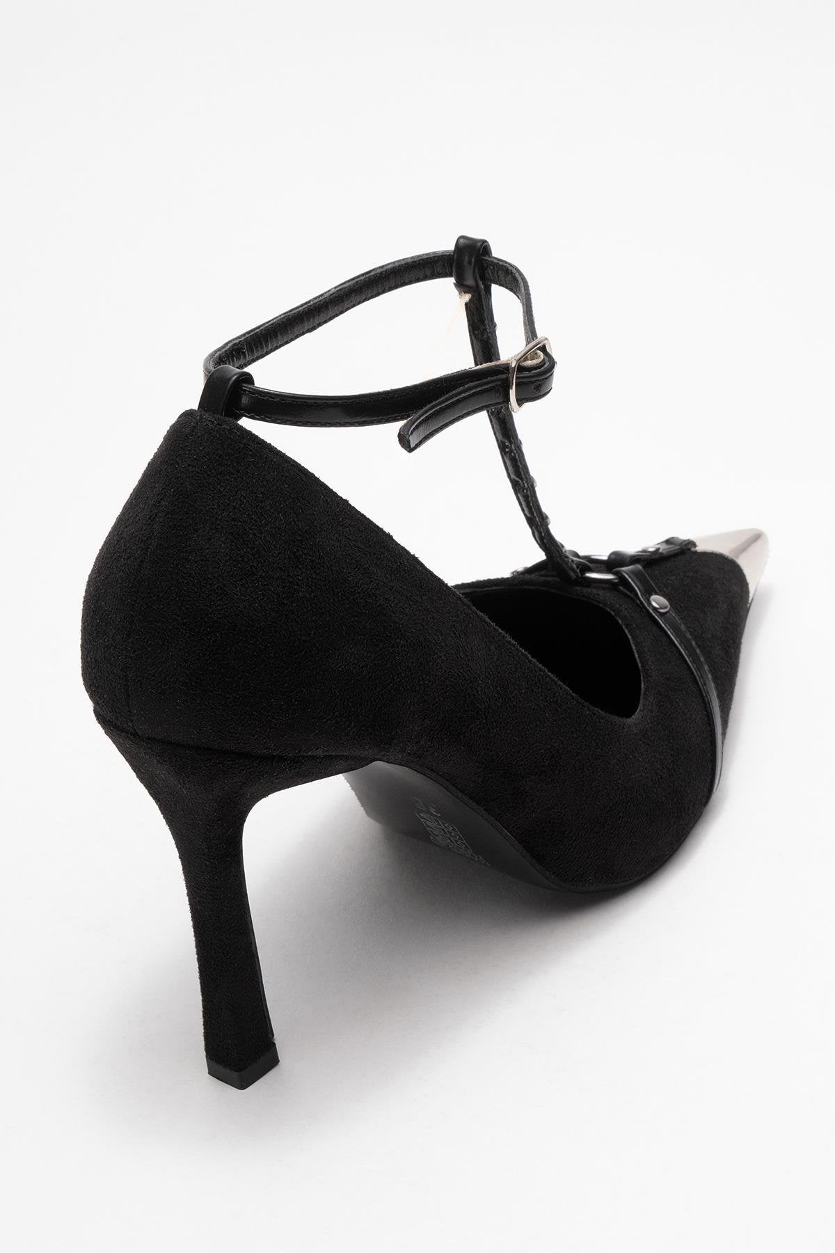 Juliana - Black Strapped Metallic Toe Heeled Shoe – back view showing leather, suede, metallic, SimmiUnique