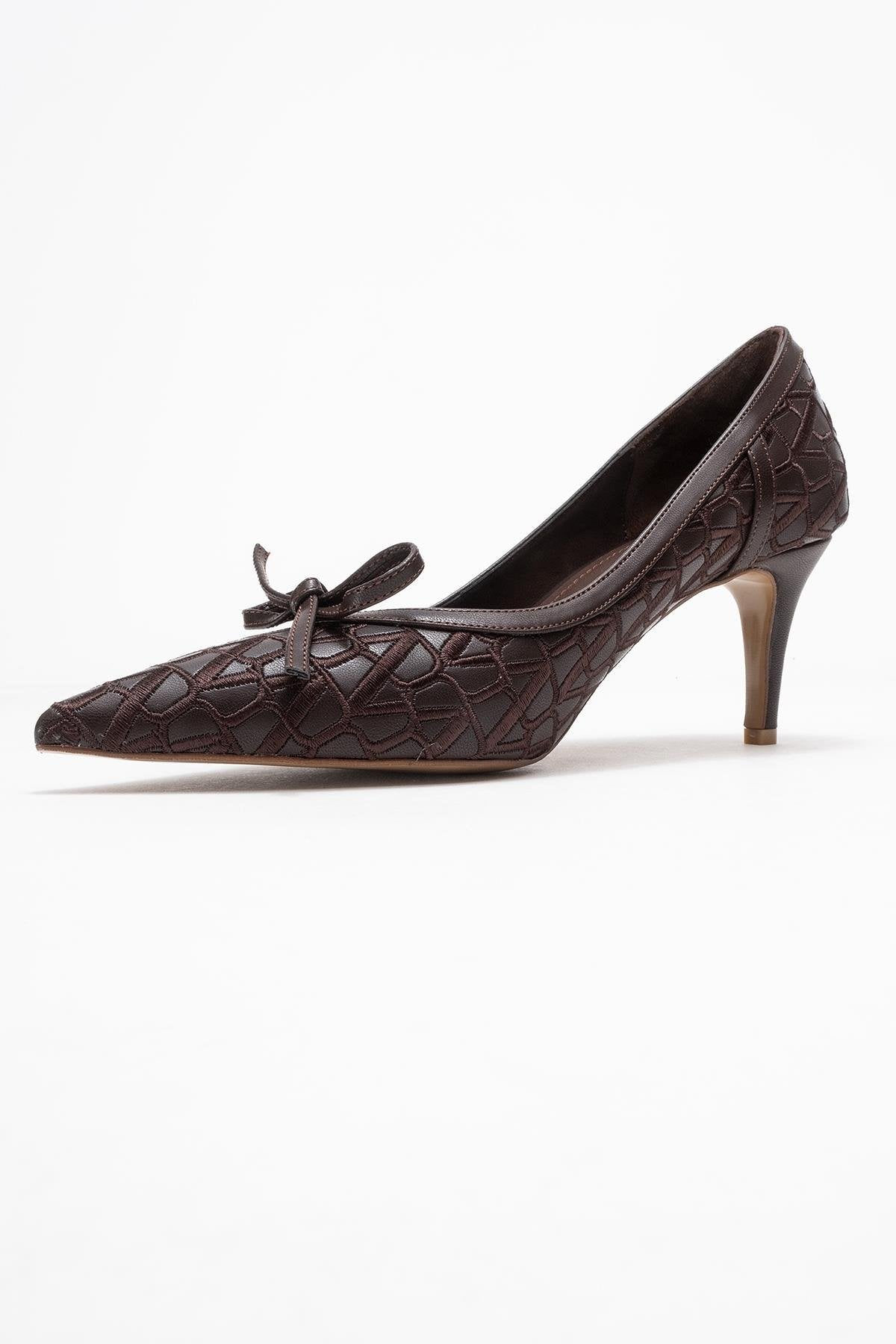 Camden - Brown Patterned Bow Pump – heel view showing bow, leather, SimmiUnique
