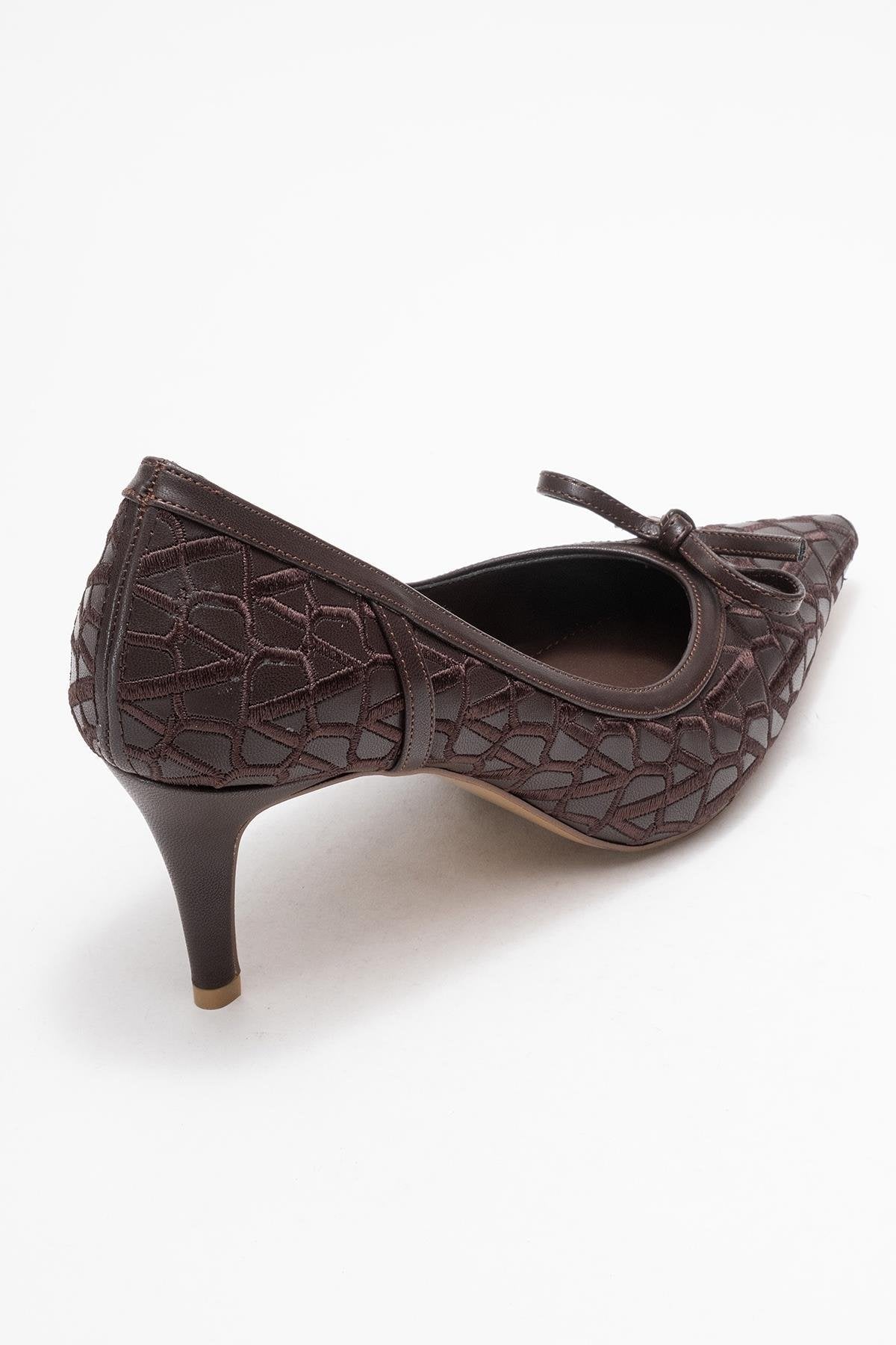 Camden - Brown Patterned Bow Pump – back view showing bow, leather, SimmiUnique