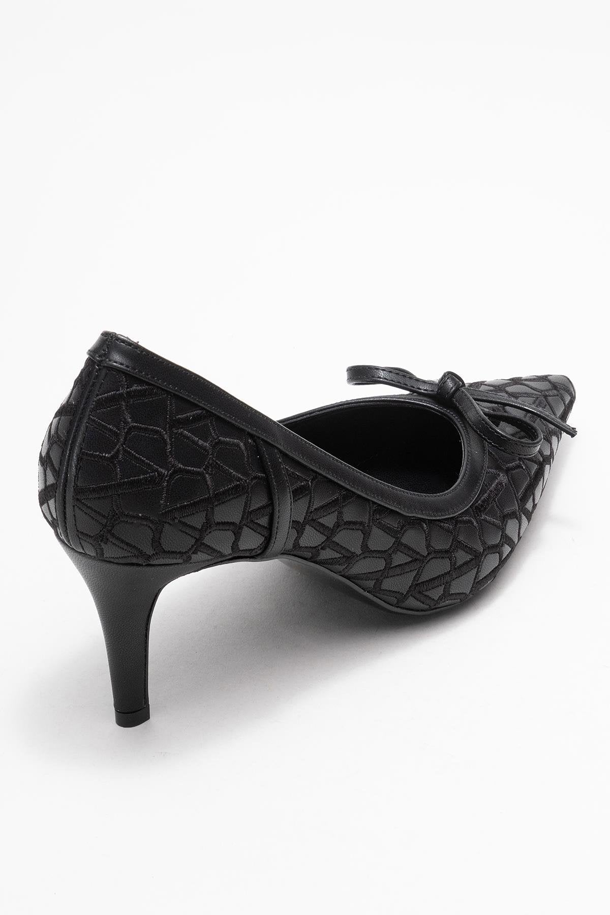 Camden - Black Patterned Bow Pump – back view showing bow, leather, black, SimmiUnique