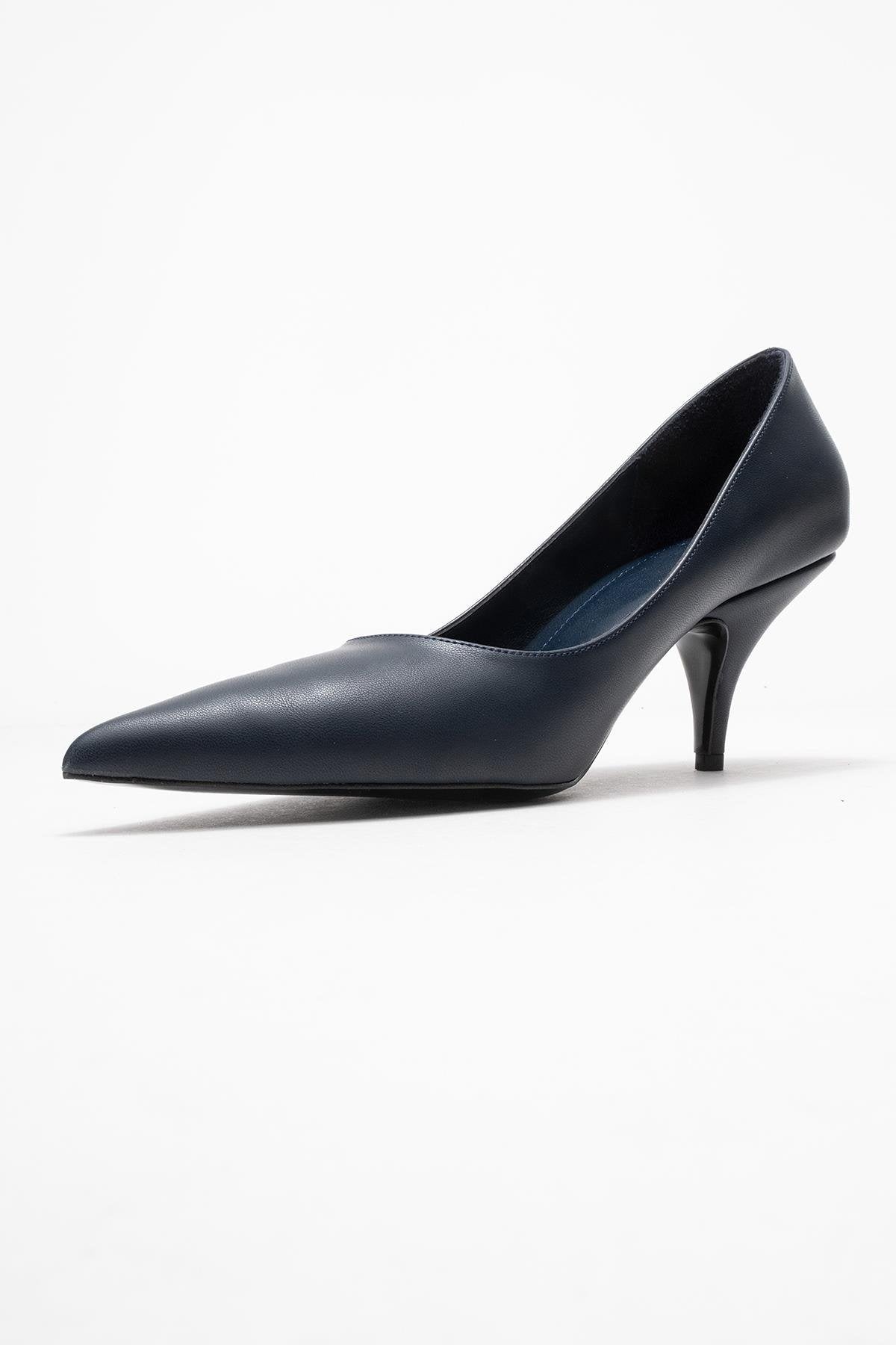 Marcus - Navy Heeled Pump – heel view showing leather, SimmiUnique