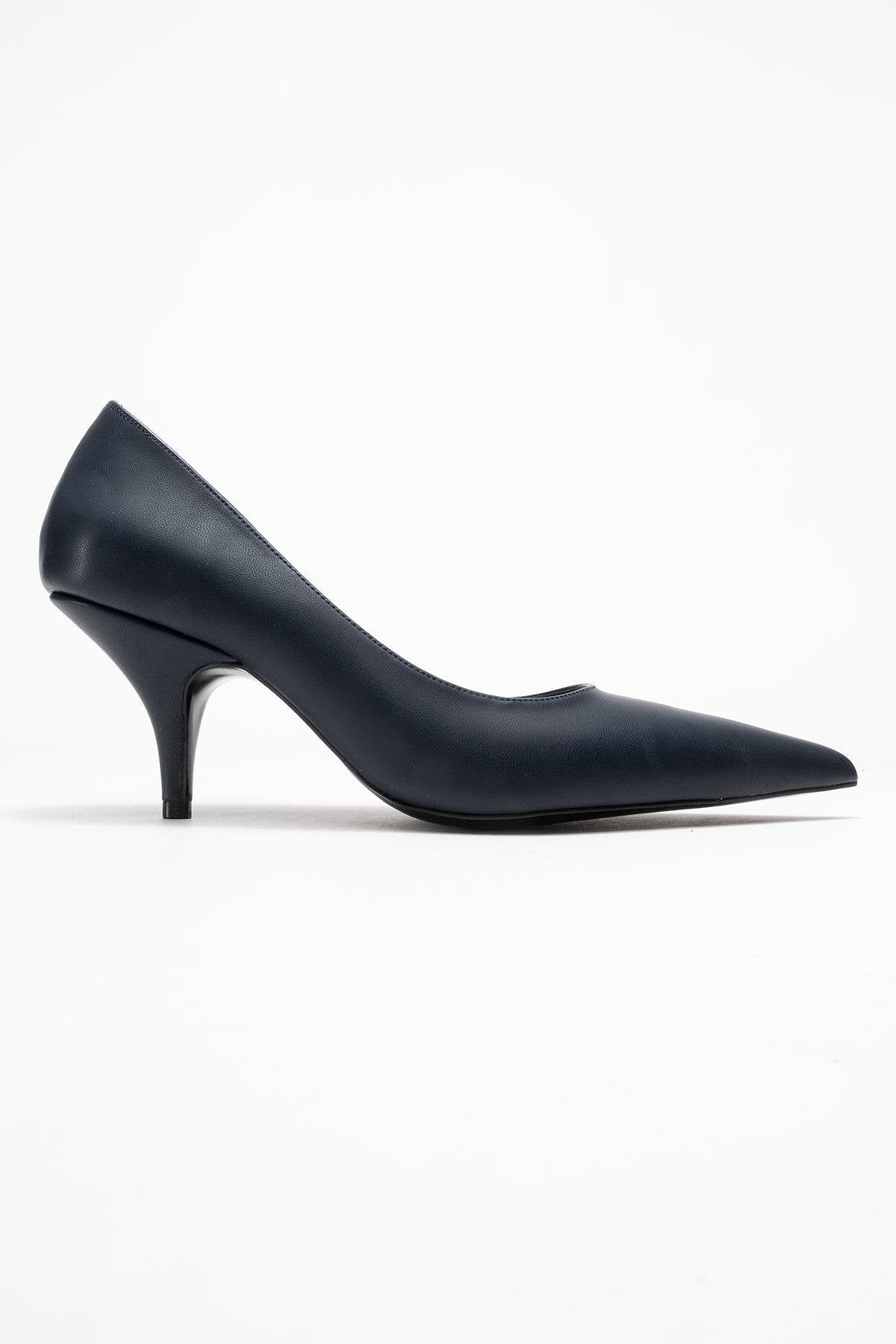 Marcus - Navy Heeled Pump – top view showing leather, SimmiUnique
