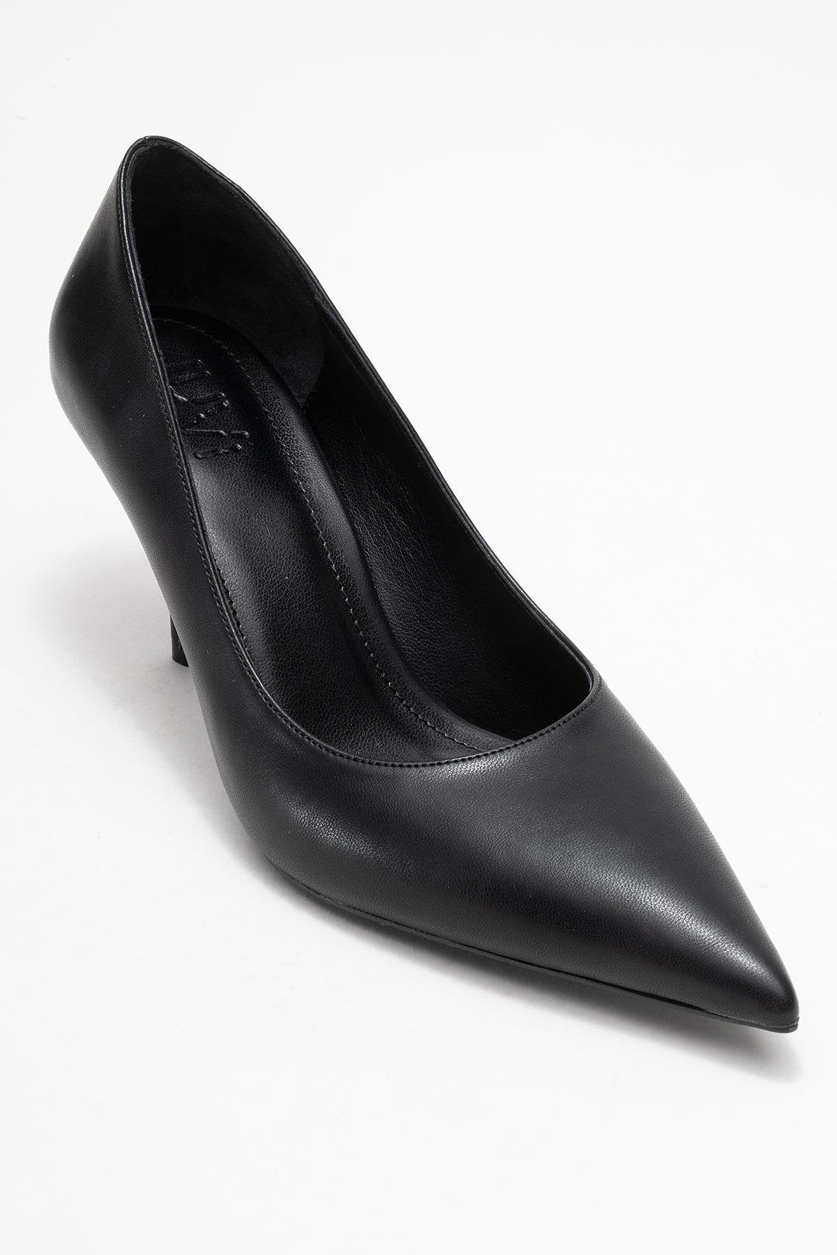 Marcus - Black Heeled Pump – detail view showing leather, black, SimmiUnique