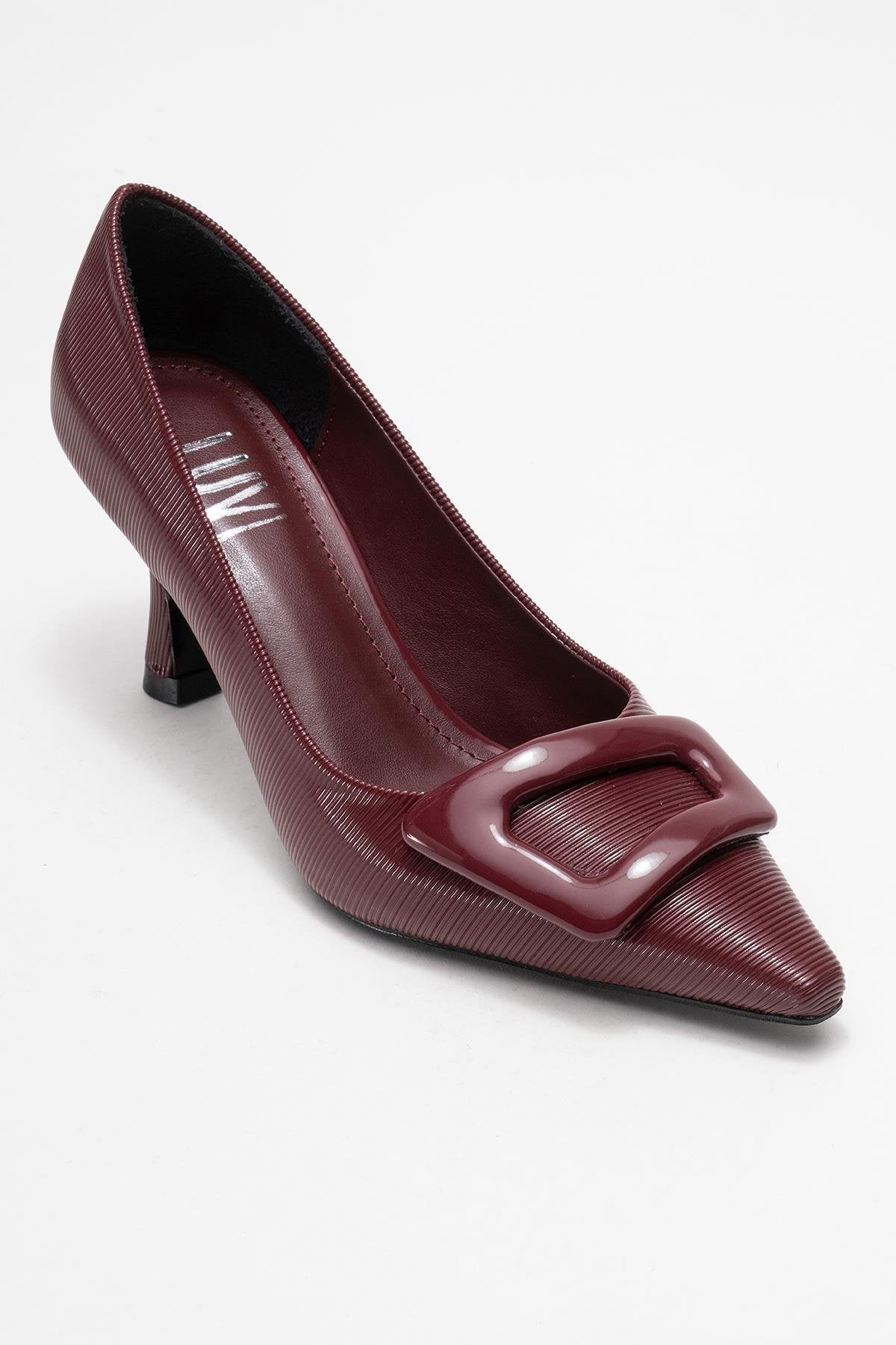 Astra - Burgundy Striped Buckle Heeled Pump – detail view showing leather, SimmiUnique