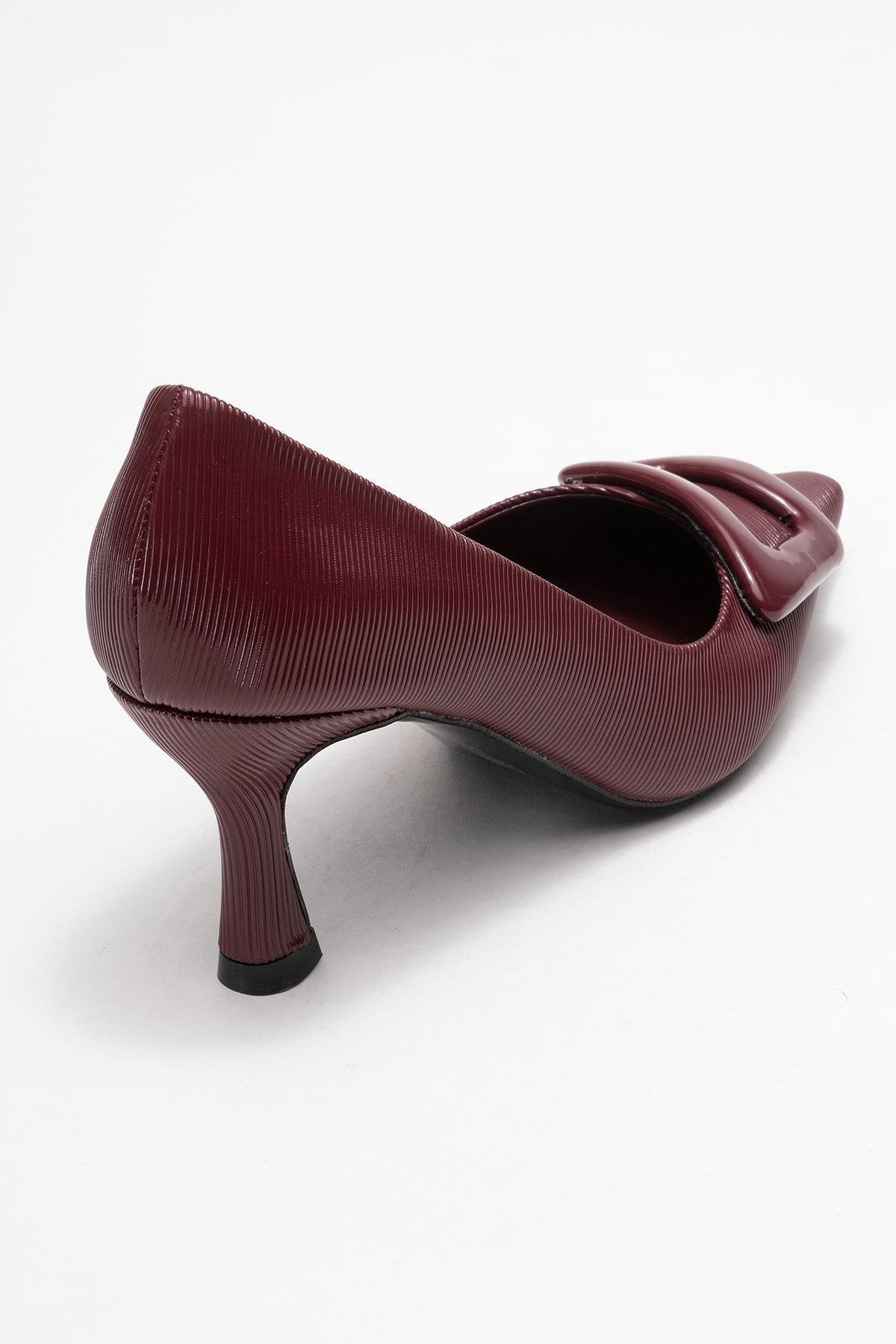 Astra - Burgundy Striped Buckle Heeled Pump – back view showing leather, SimmiUnique