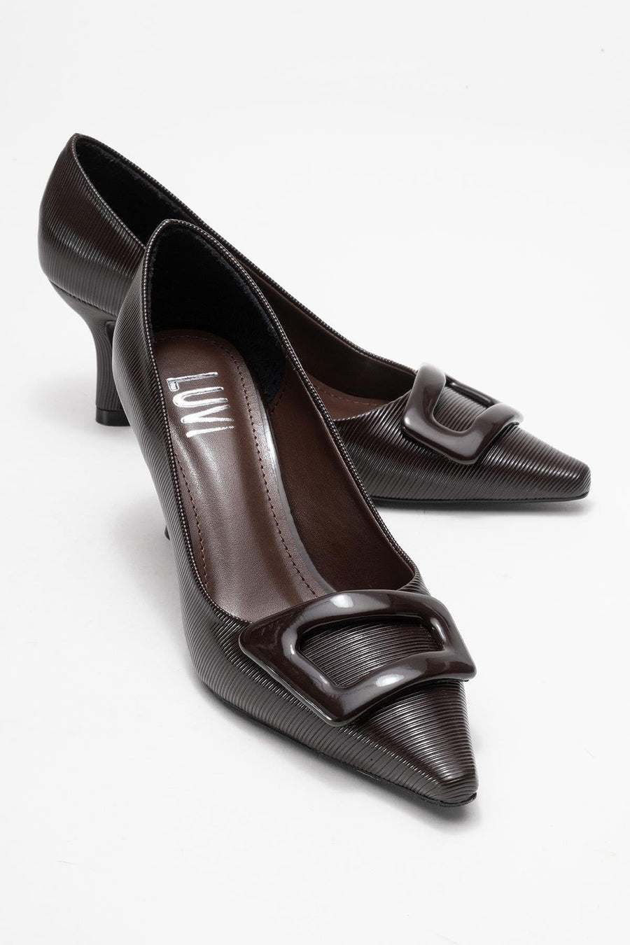 Astra - Brown Striped Buckle Heeled Pump