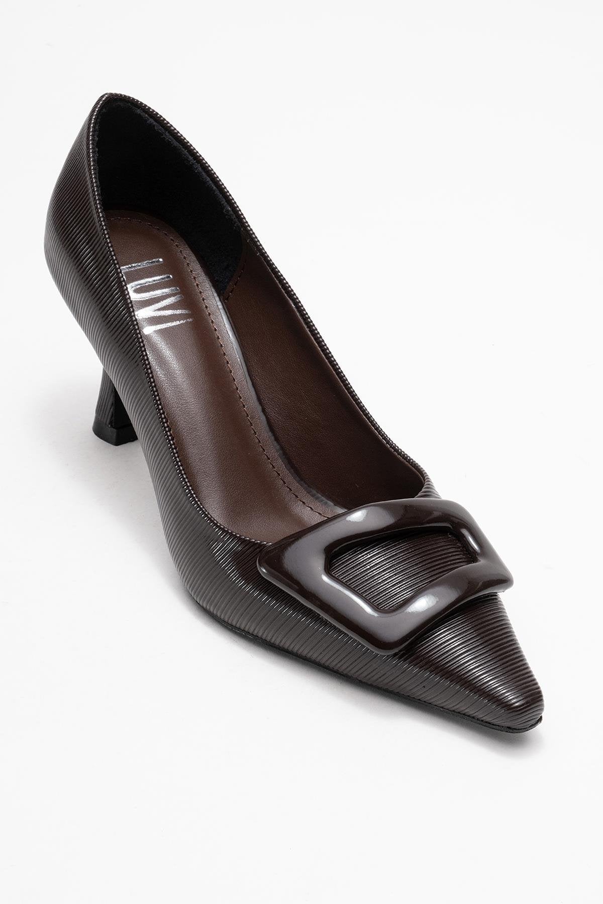 Astra - Brown Striped Buckle Heeled Pump – detail view showing leather, SimmiUnique