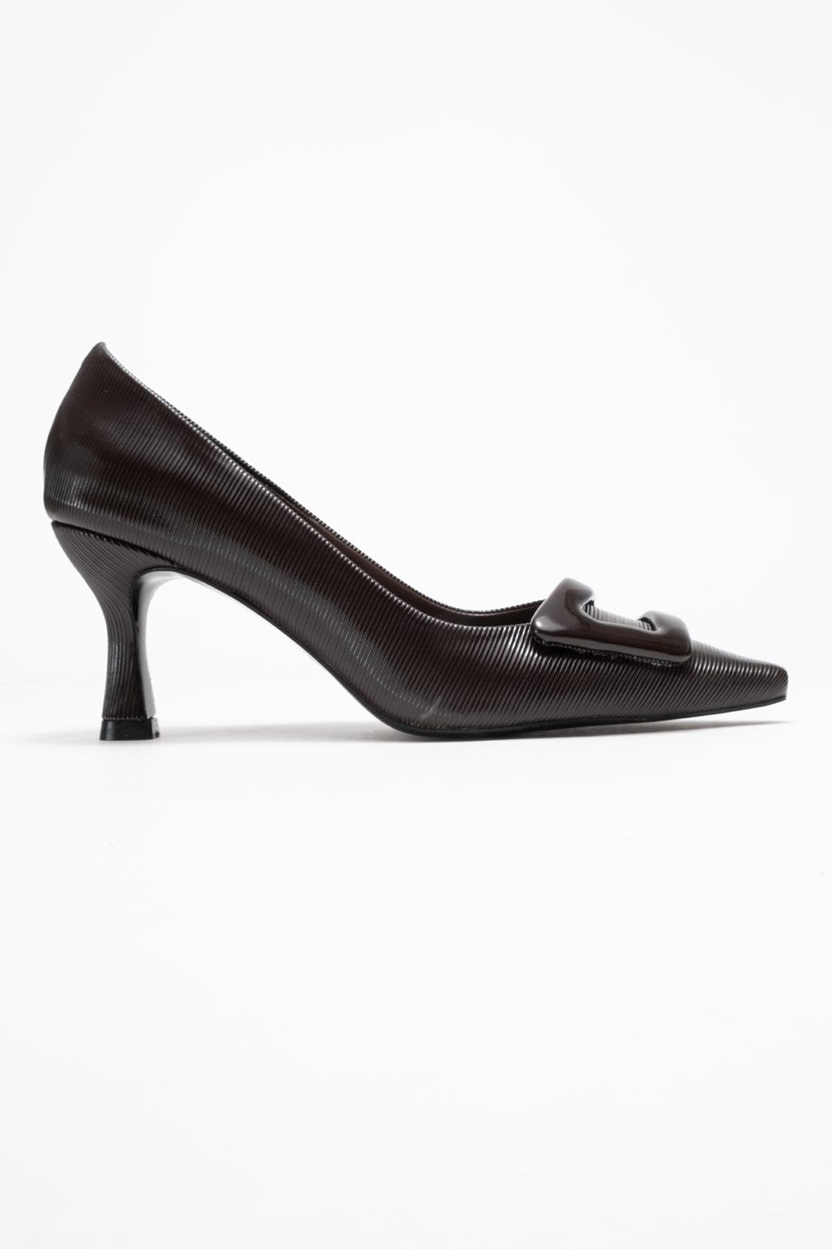 Astra - Brown Striped Buckle Heeled Pump – top view showing leather, SimmiUnique
