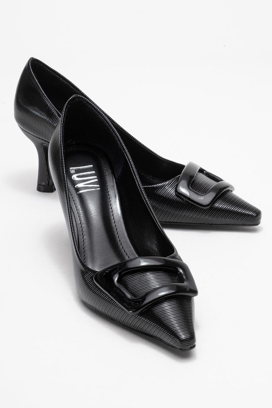 Astra - Black Striped Buckle Stiletto Heeled Shoe