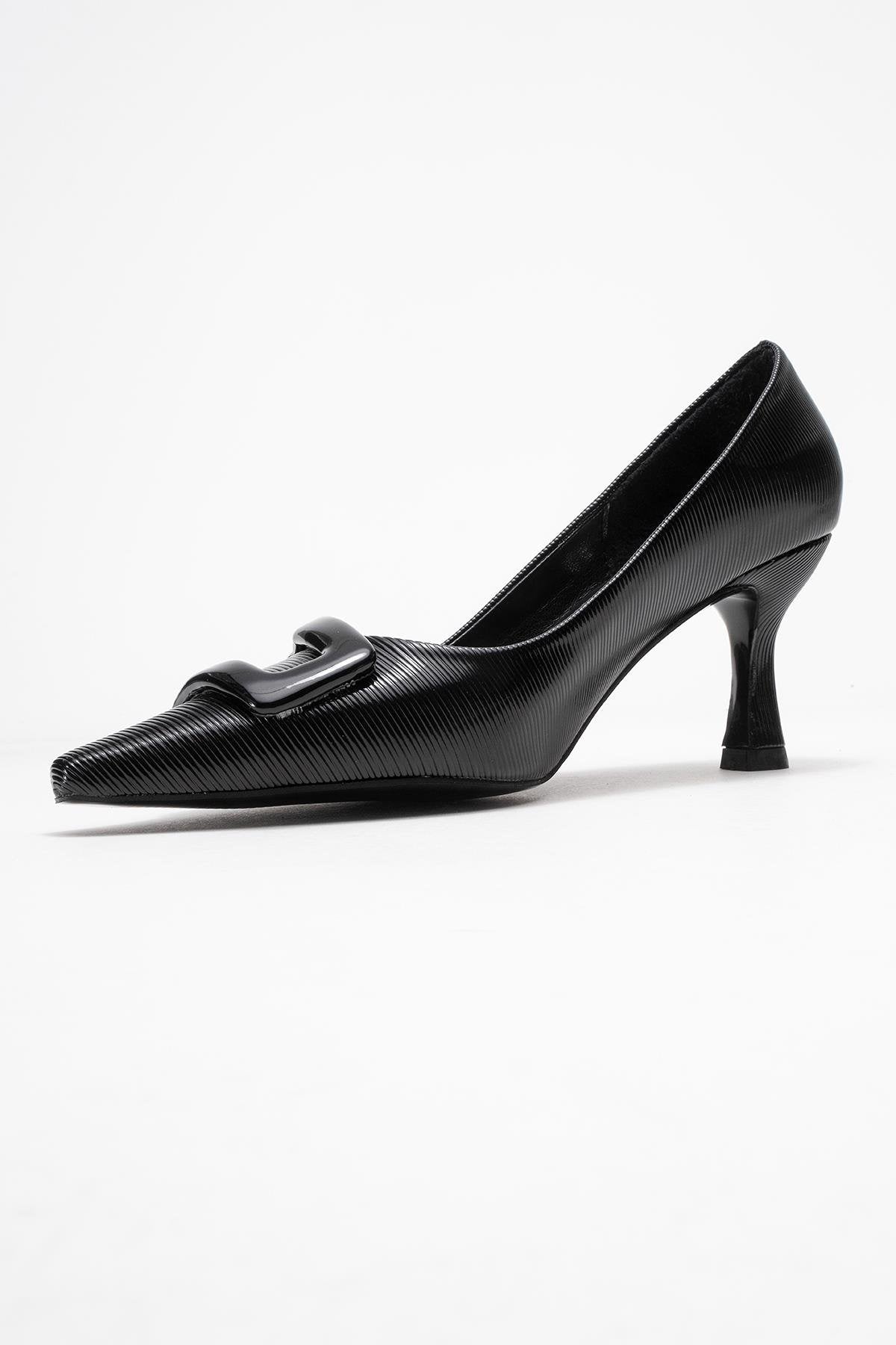 Astra - Black Striped Buckle Stiletto Heeled Shoe – heel view showing leather, black, SimmiUnique