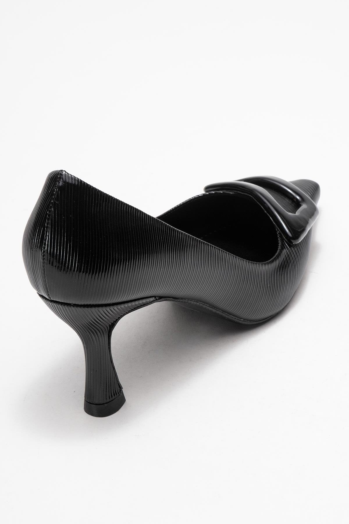 Astra - Black Striped Buckle Stiletto Heeled Shoe – back view showing leather, black, SimmiUnique