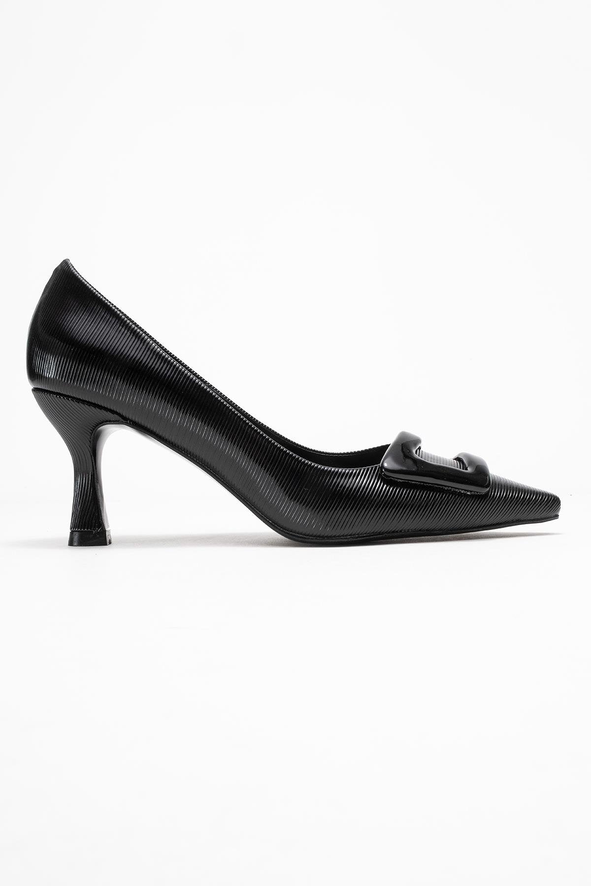 Astra - Black Striped Buckle Stiletto Heeled Shoe – top view showing leather, black, SimmiUnique