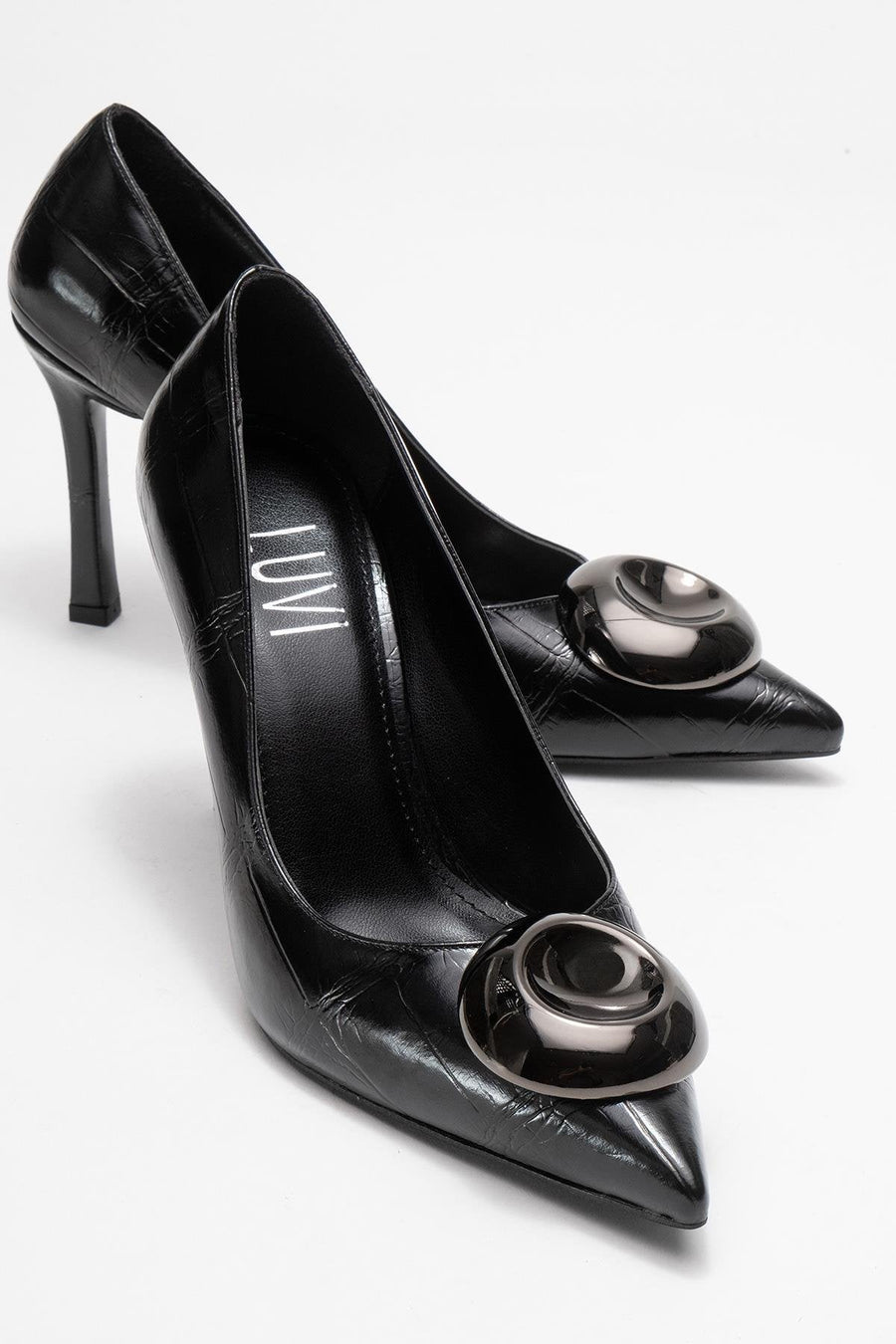 Jordana - Black Printed Platinum Buckle Stiletto Heeled Shoe