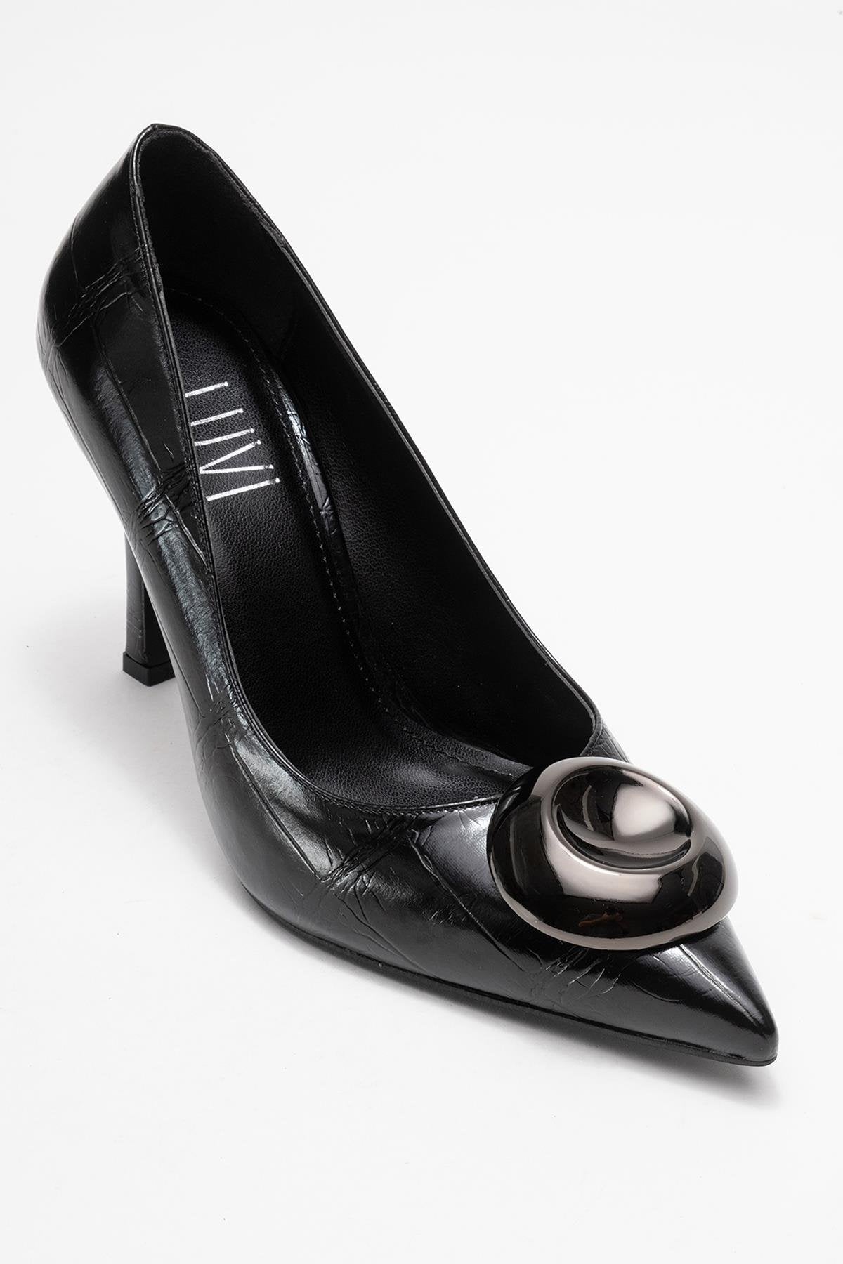 Jordana - Black Printed Platinum Buckle Stiletto Heeled Shoe – detail view showing leather, black, SimmiUnique