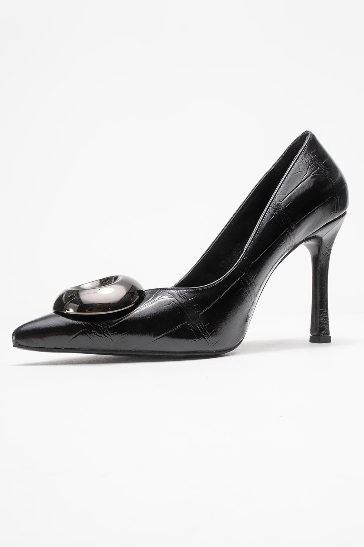 Jordana - Black Printed Platinum Buckle Stiletto Heeled Shoe – heel view showing leather, black, SimmiUnique