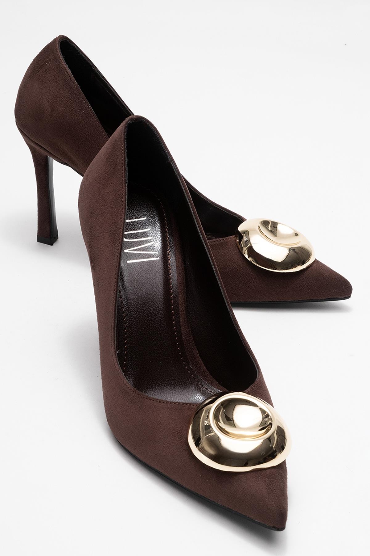 Jordana - Brown Suede Gold Buckle Stiletto Heeled Shoe – front three-quarter view showing leather, suede, metallic…