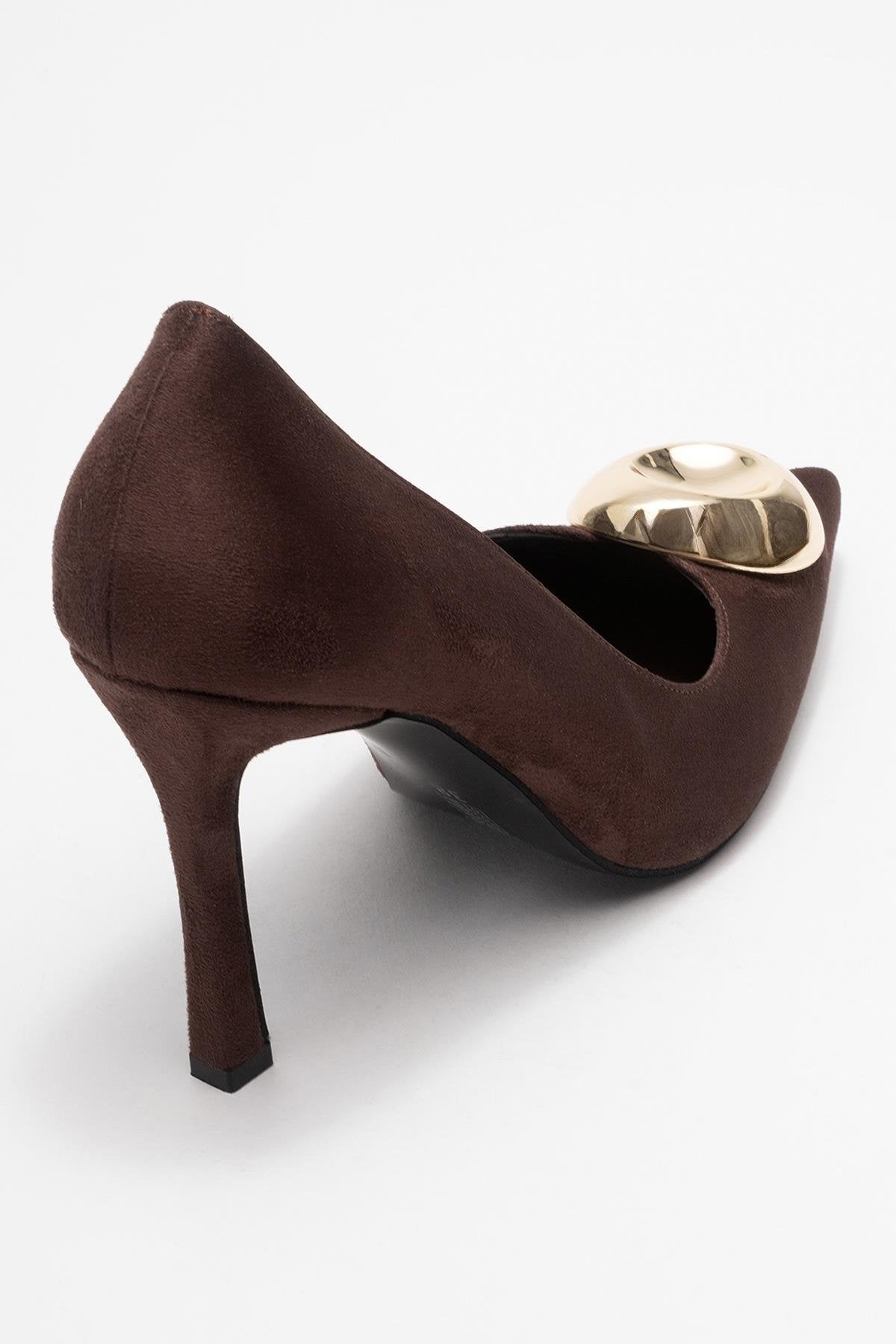 Jordana - Brown Suede Gold Buckle Stiletto Heeled Shoe – back view showing leather, suede, metallic, SimmiUnique