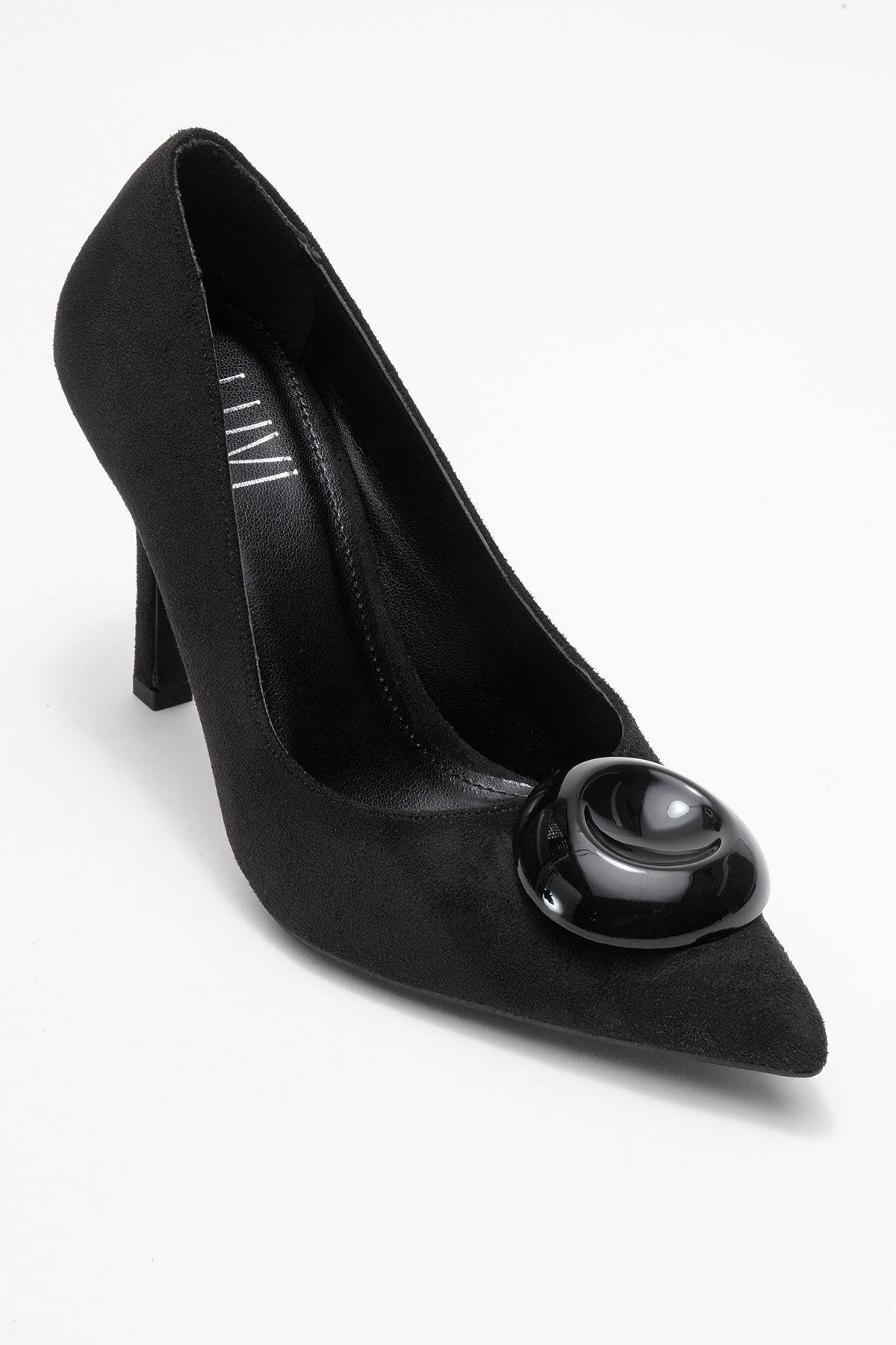 Jordana - Black Suede Buckle Stiletto Heeled Shoe – detail view showing leather, suede, black, SimmiUnique