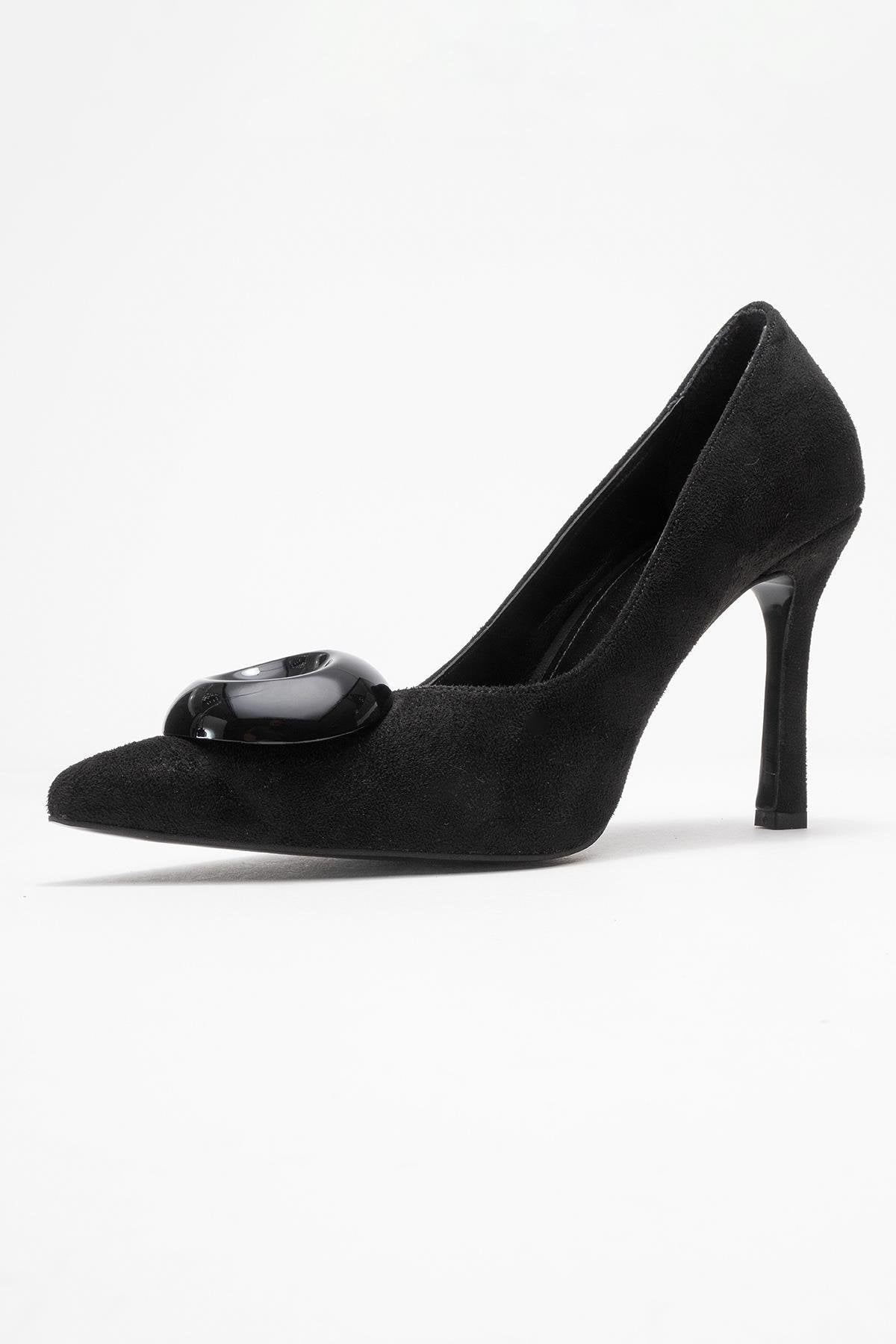 Jordana - Black Suede Buckle Stiletto Heeled Shoe – heel view showing leather, suede, black, SimmiUnique