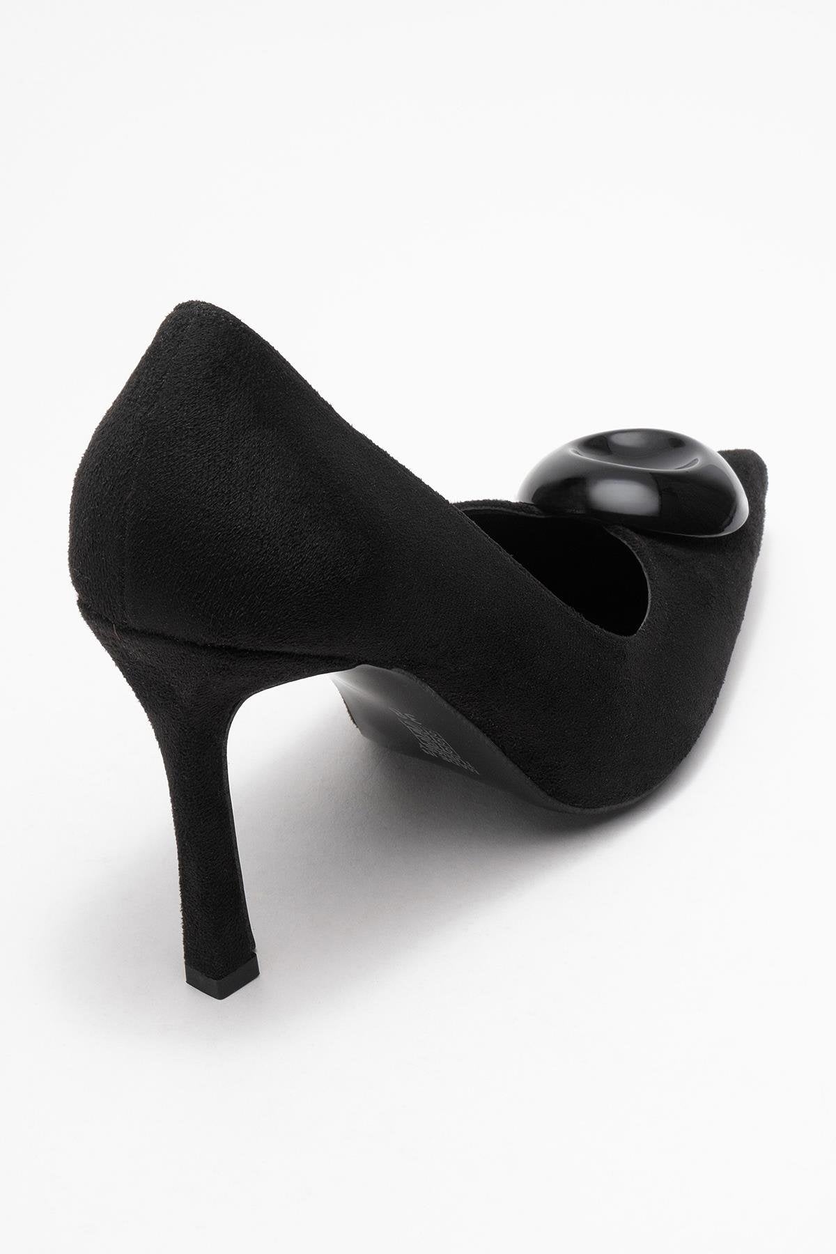 Jordana - Black Suede Buckle Stiletto Heeled Shoe – back view showing leather, suede, black, SimmiUnique