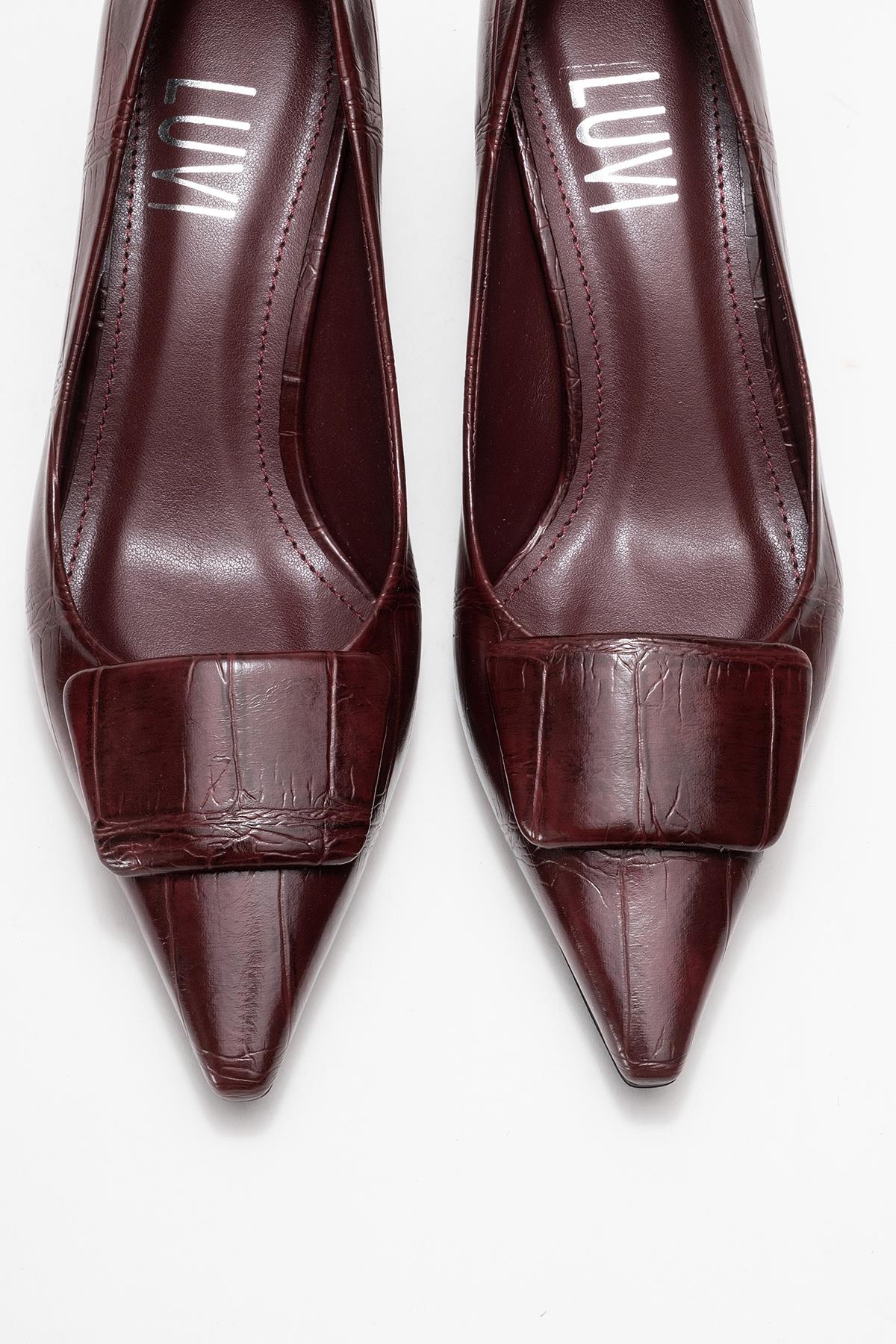 Marcia - Burgundy Printed Buckle Stiletto Heeled Shoe – side view showing leather, SimmiUnique