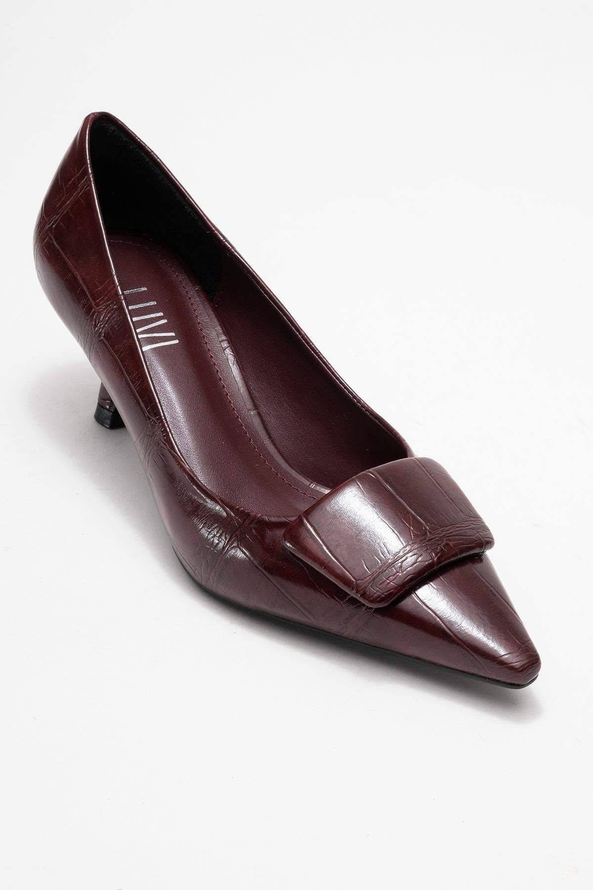Marcia - Burgundy Printed Buckle Stiletto Heeled Shoe – detail view showing leather, SimmiUnique