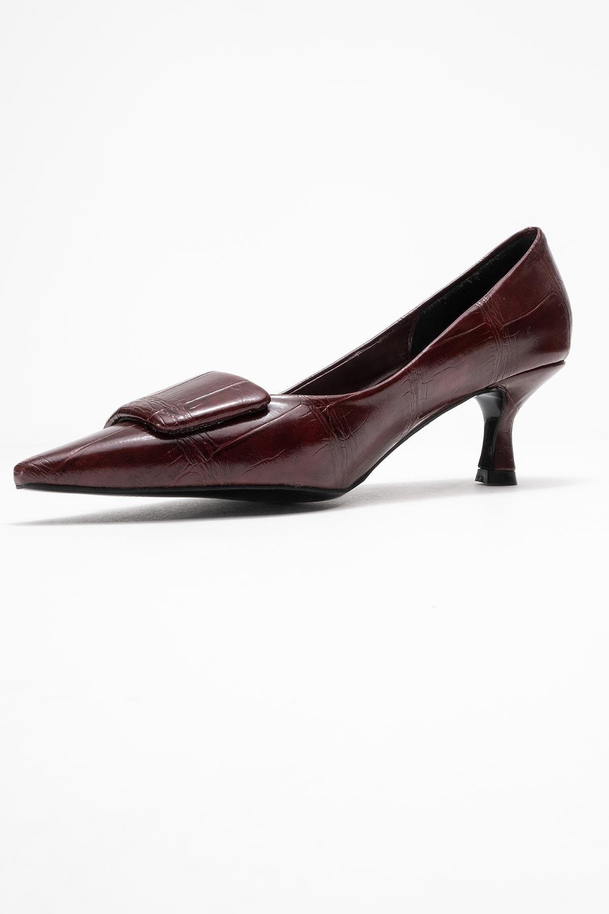 Marcia - Burgundy Printed Buckle Stiletto Heeled Shoe – heel view showing leather, SimmiUnique